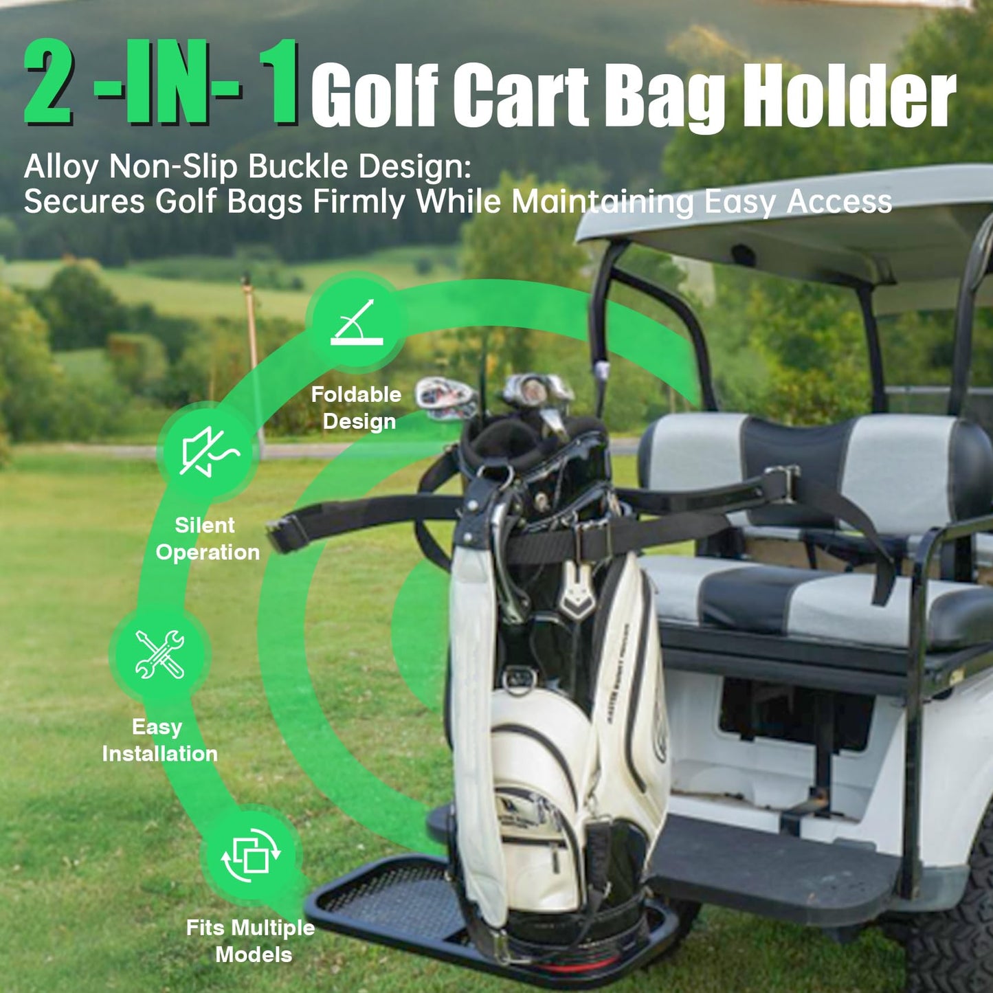 Foldable Golf Cart Rear Seat Bag Holder Fits 4 Seater Golf Cart Bag Holder Compatible with EZGO/Club Car/Yamaha Works for Rear Armrests Up to 8" & 24.5" Wide Equipped with Stainless Steel Buckles
