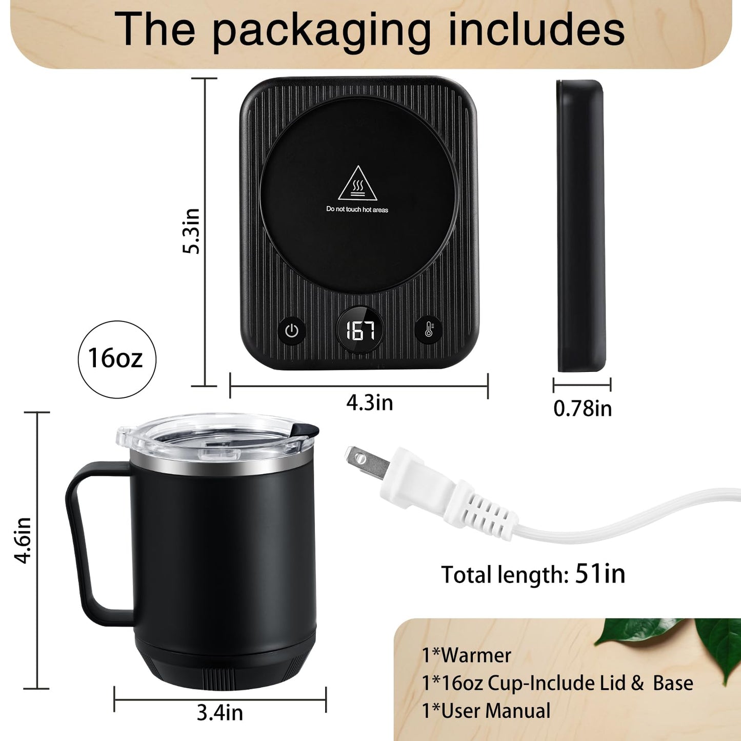 Waipfaru Coffee Warmer & Mug Set for Desk, Heated Cup With Auto Shut Off, Electric Self Heating & 3 Temperature Control Smart Mug for Office, Home and Travel, Black
