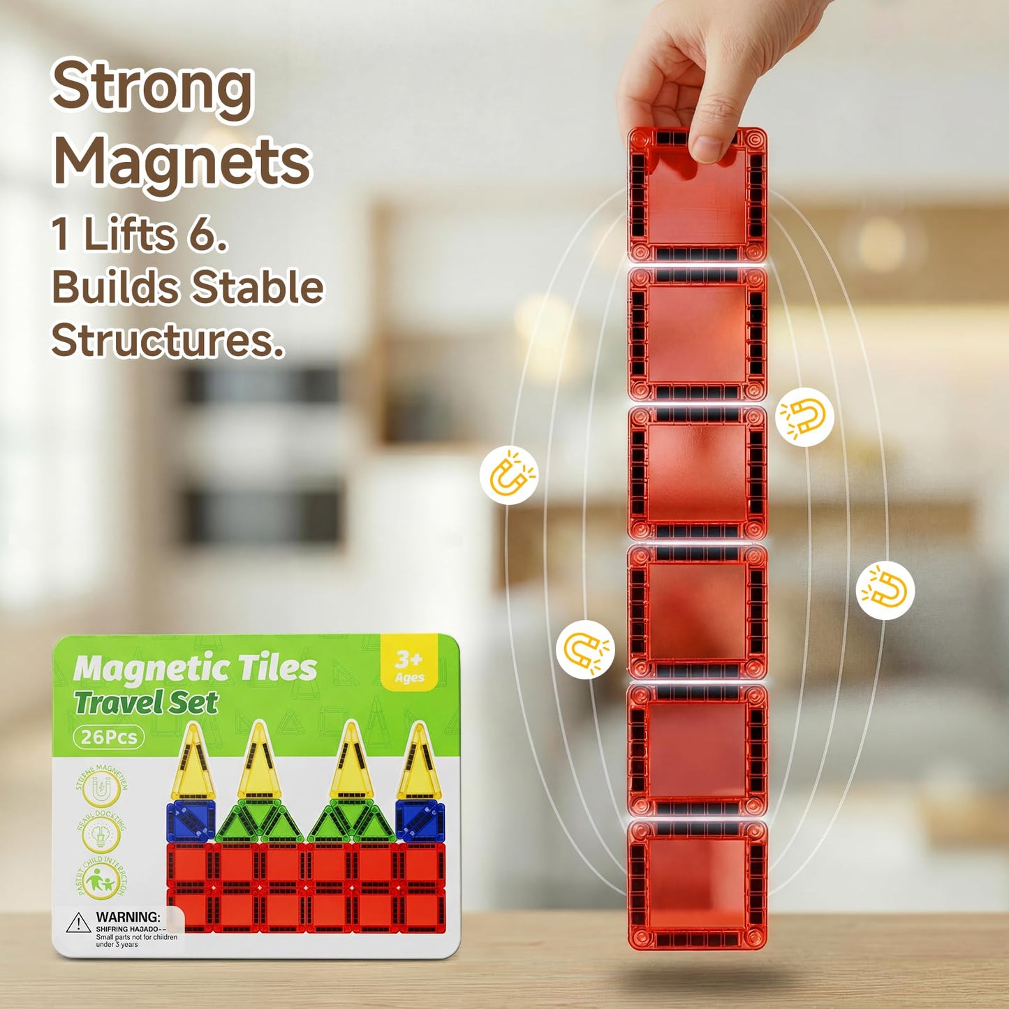 Gamcrown Travel Magnetic Tiles for Kids Car Games: 26 PCS Mini Magnet Building Blocks in Tin Box to Stop Crying - 0.64 lb Pocket Size Educational Toy - Road Trip Essentials - Boys Girls Age 3-8