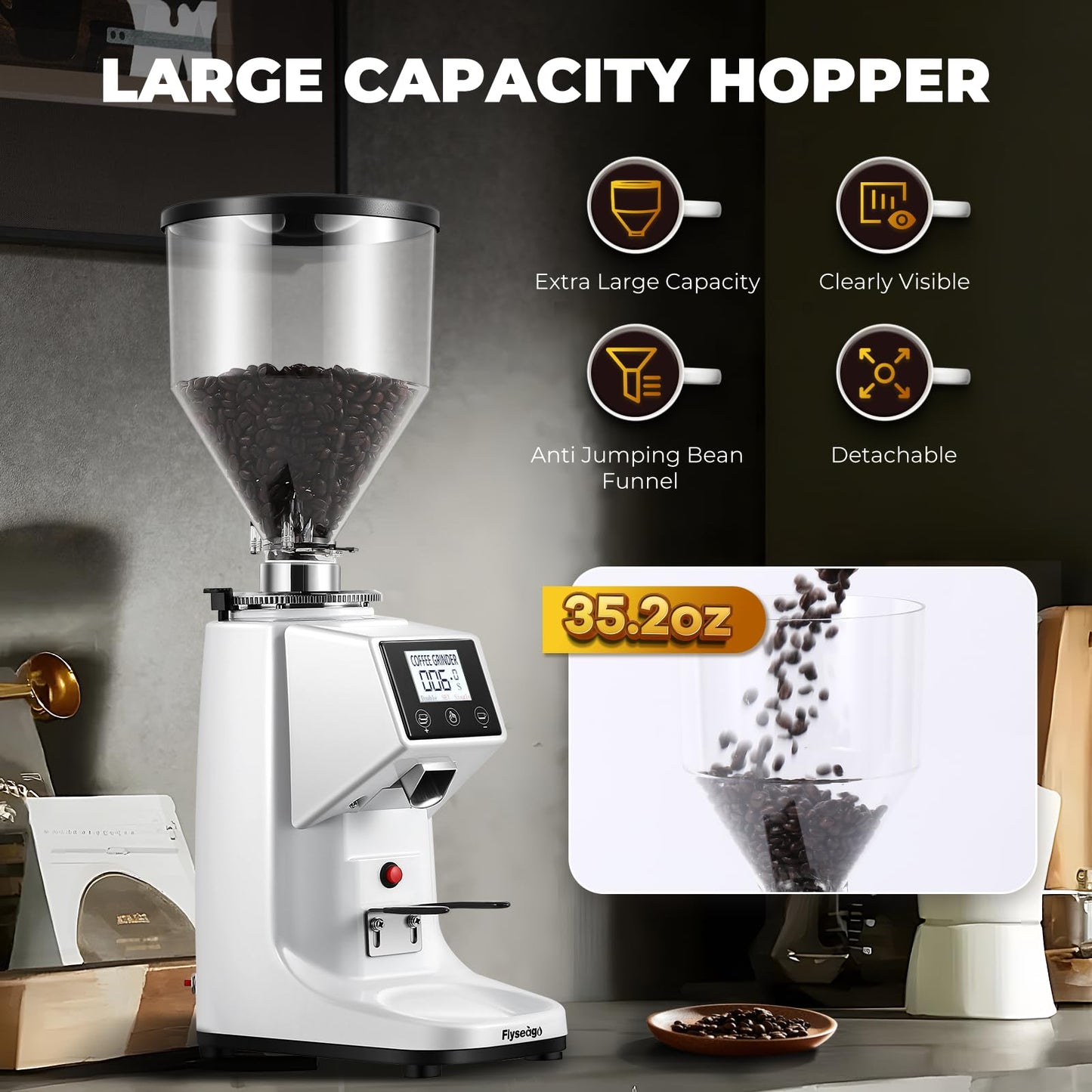 Flyseago Coffee Grinder with Flat Burr, 19 Grind Settings and Digital Timer Display, Commercial Coffee Grinder with Large 35oz Hopper