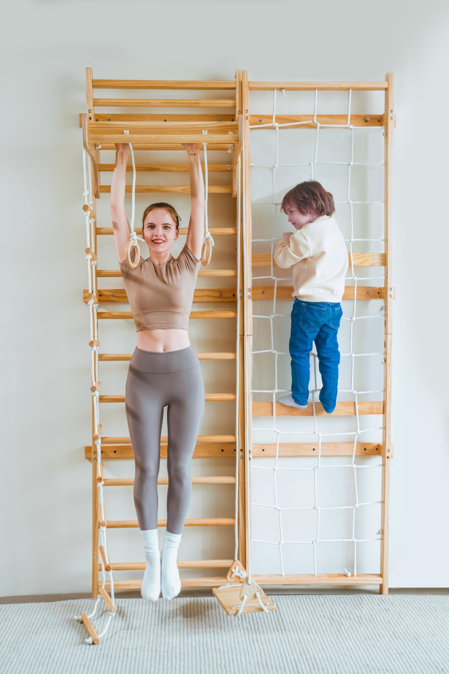Avenlur Neem 5-in-1 Swedish Ladder Wall Gym with Cargo Wall Climber, Swedish Ladder Swing, Rope Ladder, Adult Pull-Up Bar, and Indoor Slide - Indoor Jungle Gym for Kids and Adult (79")