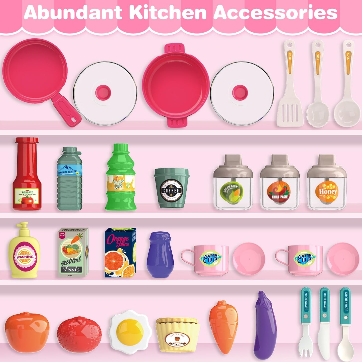 Play Kitchen Set, Kids Kitchen Playset with Realistic Sound & Light, Cooking Stove, Sink, Play Food and Accessories, 57 Pcs Kitchen Toys Gifts for Toddlers 2-4 3-5 Girls (Pink)