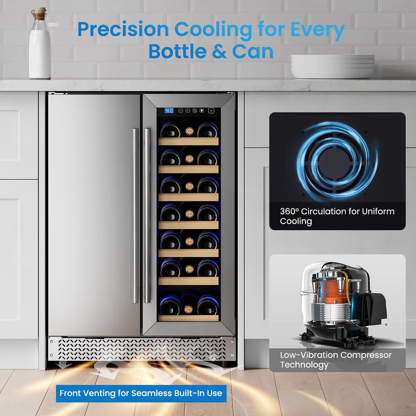 Vushine Wine and Beverage Refrigerator, 24’’ Daul Zone Wine Fridge, Freestanding Under Counter Refrigerator, Stainless Steel Beverage Cooler with Adjustable Shelves, Holds 21 Bottles and 88 Cans