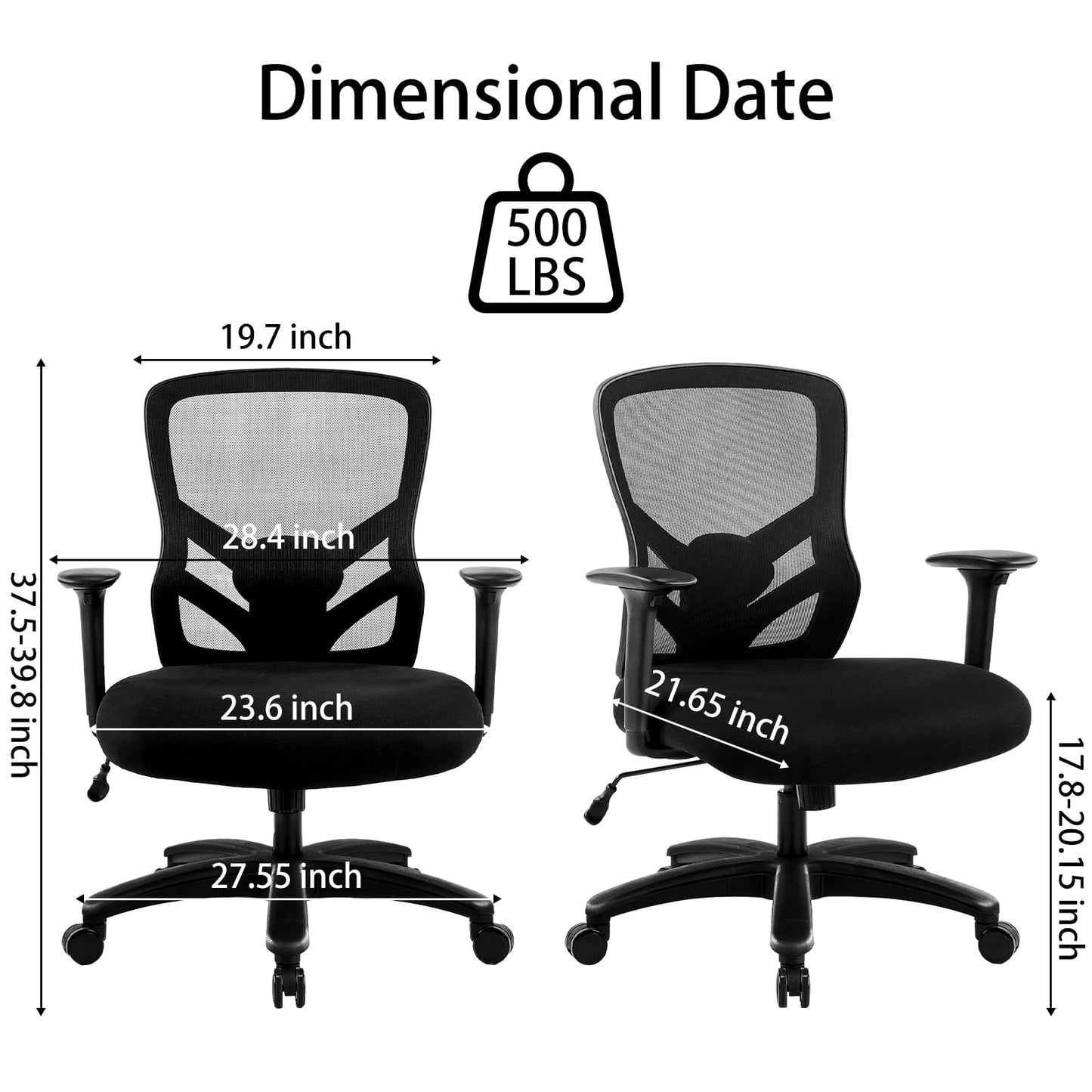 YFO Big and Tall Office Chair 500LBS - Computer Desk Chair with Adjustable Lumbar Support, Heavy Duty Ergonomic Mesh with 360 Rotation 4D Arm and Extra Wide Comfty Seat, Quiet Wheels for Adults