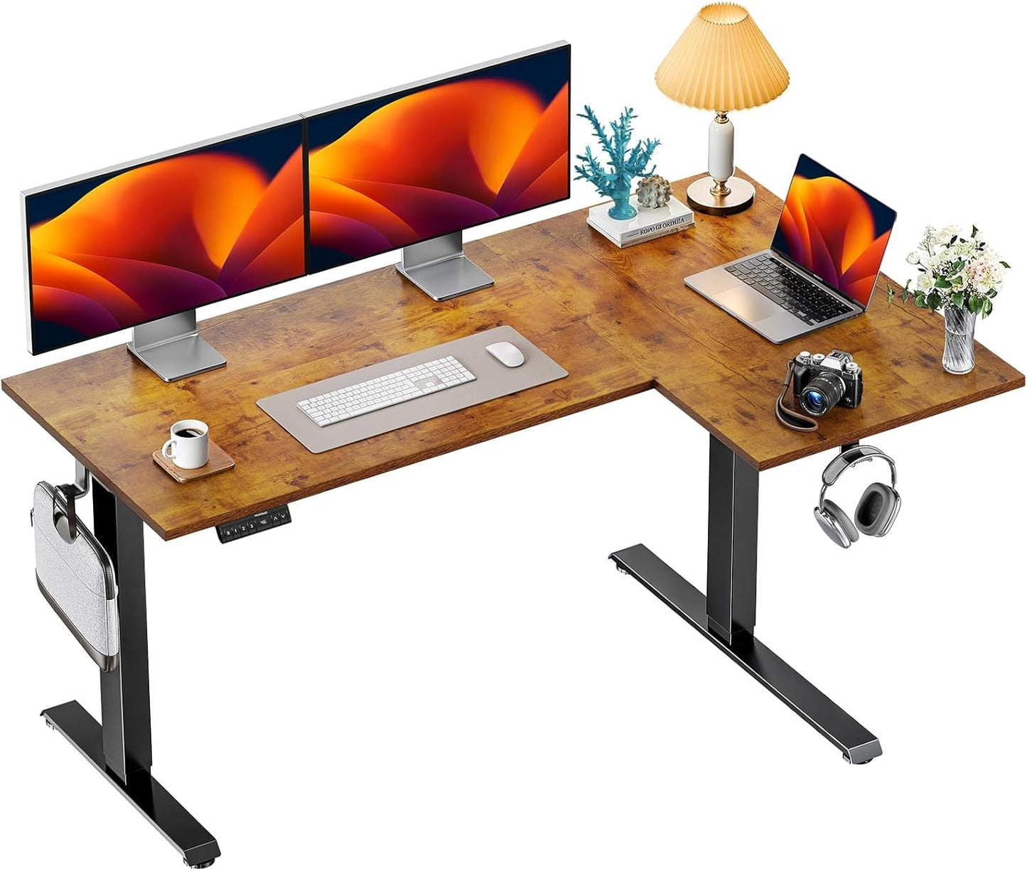 HUANUO 63x40 inch Dual Motor L Shaped Electric Standing Desk with 3 Preset Heights, Electric Height Adjustable Computer Table, 2 Hooks & Cable Tray, Raising Desk for Home Office, Vintage Brown