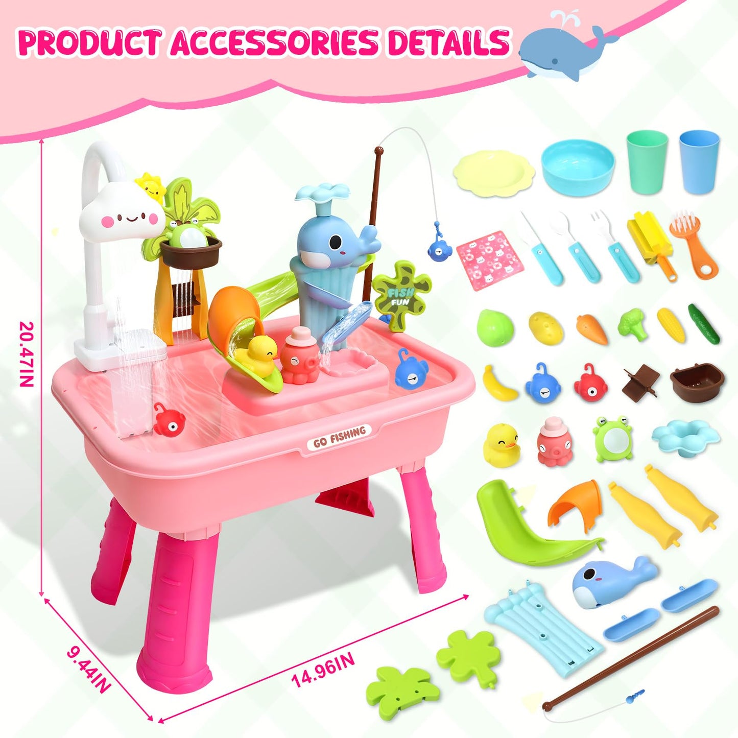 Water Play Table for Toddlers 1-3, Kids Play Sink with Electric Faucet, Outdoor Water Table with Fishing Game, Summer Baby Water Sensory Toy for Toddlers 1-3 Years(Pink)