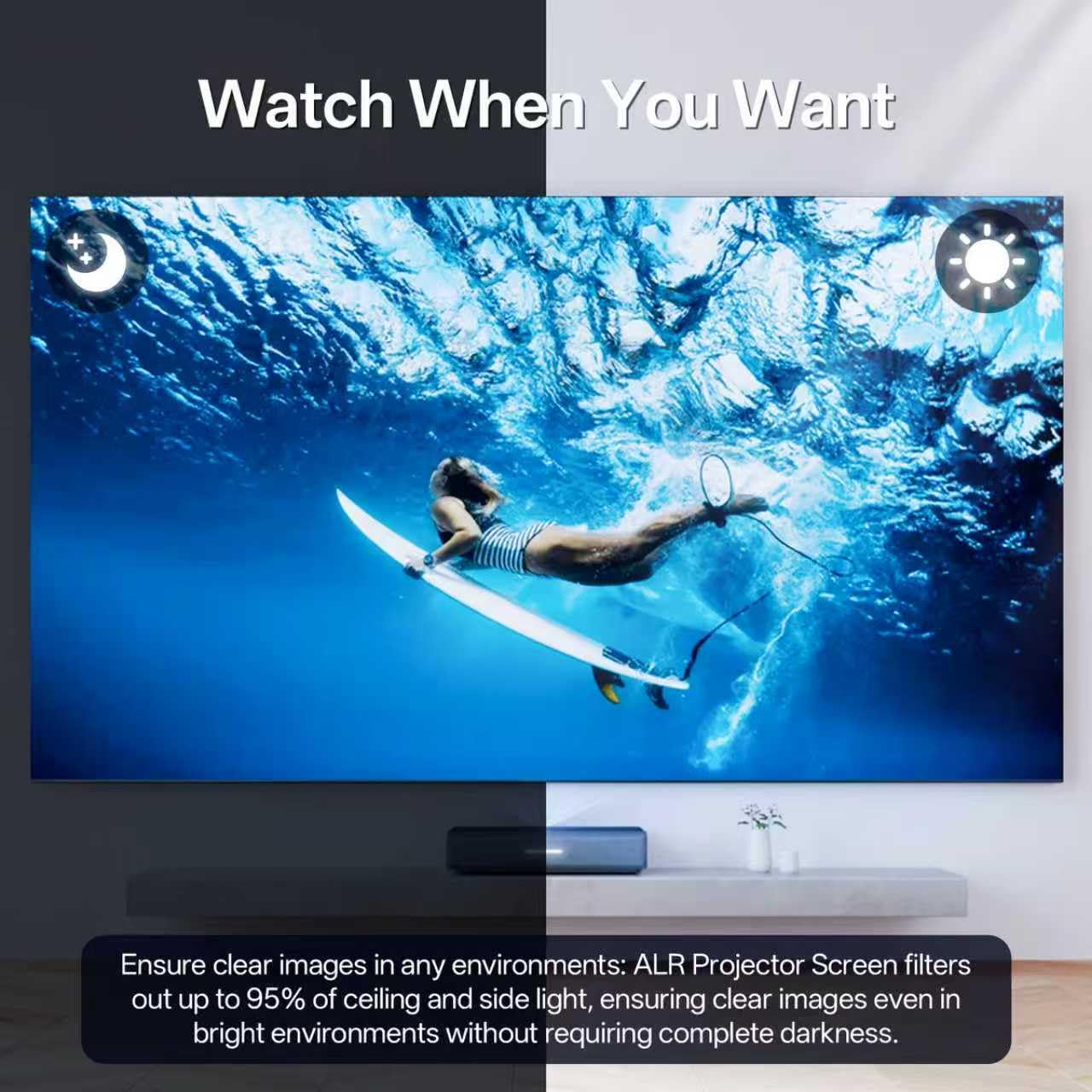 ALR Projector Screen, 100 Inch UST Projector Screen with Stand, Fresnel 95% Ambient Light Rejecting grey projection screen, Active 3D & 4K Ultra HD HDR, wall-mounted, Portable for Indoor & Outdoor Use