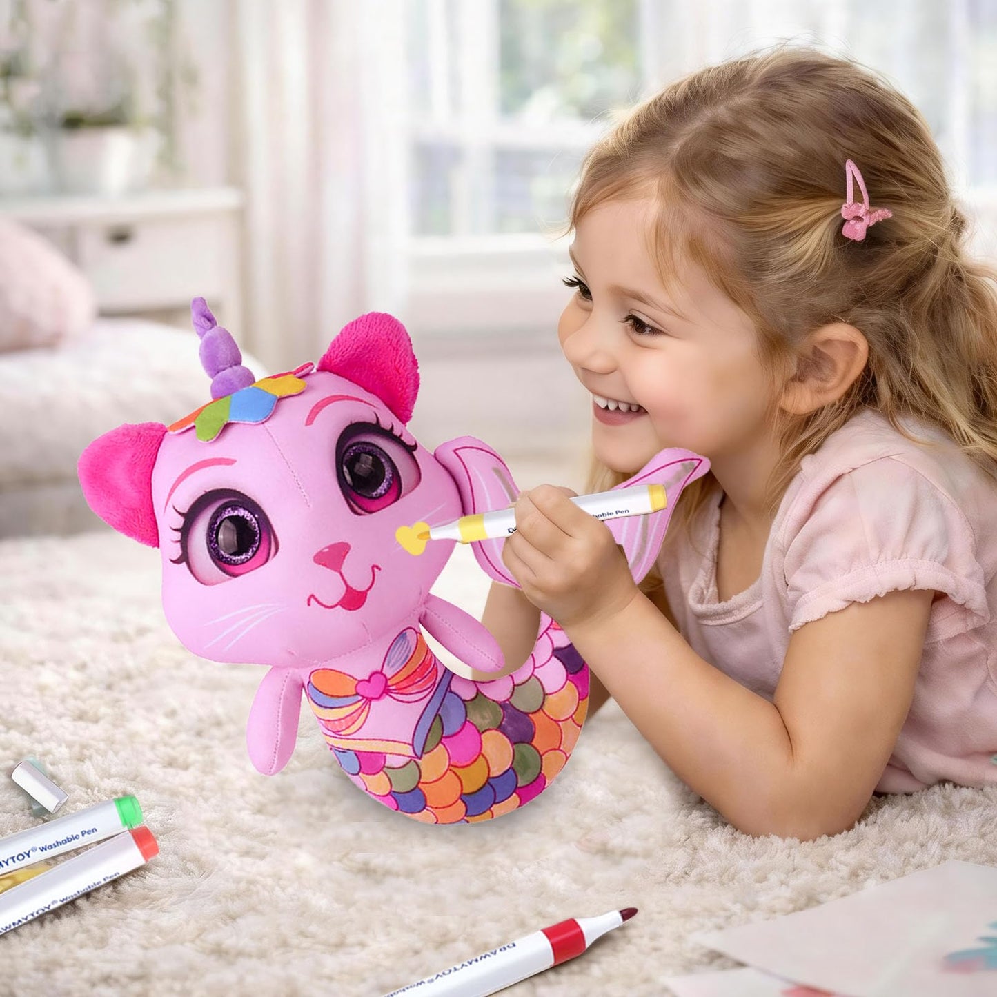 Stuffed Animal Coloring Plush Toy with 20 Washable Markers Laser Holographic Backpack Road Trip Car Game Writing Painting Set for Girls Doodle Dolls Kids Ages 3-6 Birthday(Pink Cat Mermaidr)