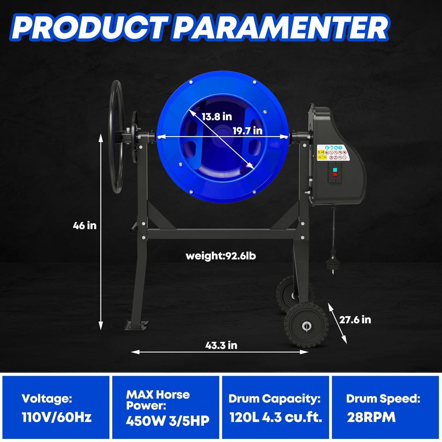SILVEL Concrete Mixer 4.3 Cu.Ft. – 450W (3/5HP) Heavy Duty Portable Concrete Mixer with Wheel & Stand for Mortar, Stucco, Fodder – Industrial Cement Mixing Machine, Upgraded Blue
