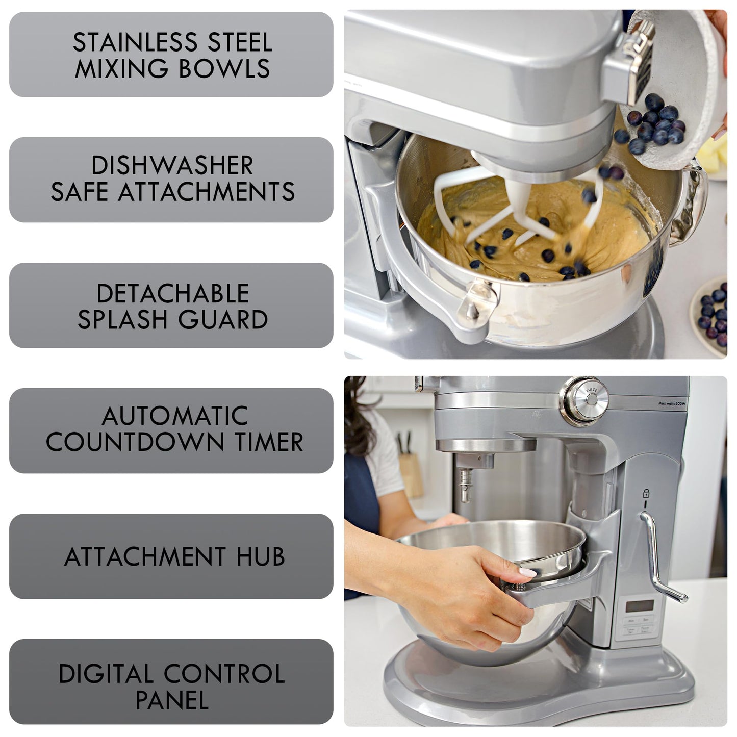 Kenmore Elite Heavy-Duty 6 Qt Bowl-Lift Stand Mixer, 600 Watts, with Flat Beater, Wire Whisk, Dough Hook, Stainless Steel Bowls, LED Light, Digital Countdown Timer, Metallic Grey