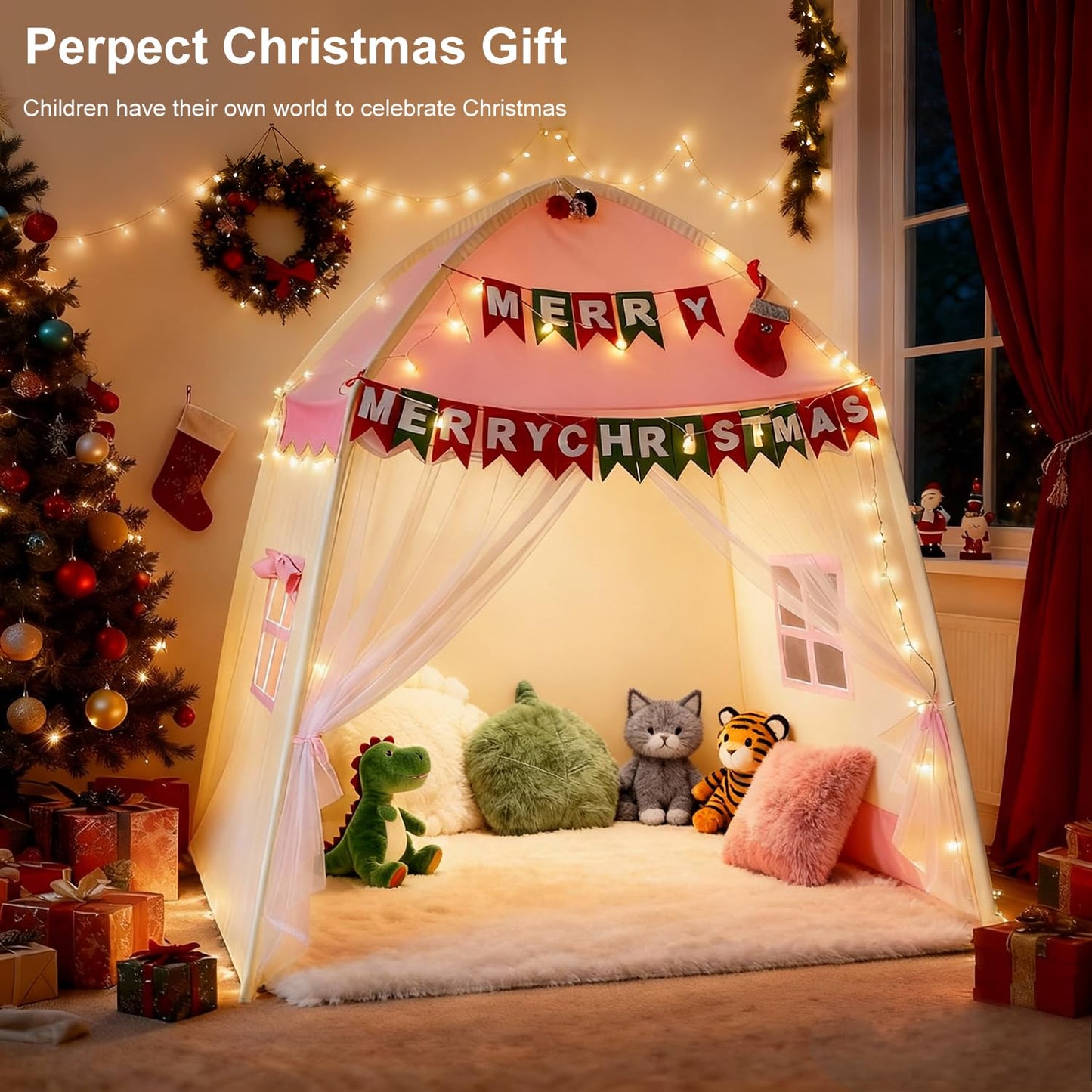 Kids Play Tent Indoor Teepee: Princess Castle Reading Nook with Mat Lights Carry Bag Mesh Windows Quick Setup for Bedroom Playroom Girls Ages 3-12 - 59x39x59 in