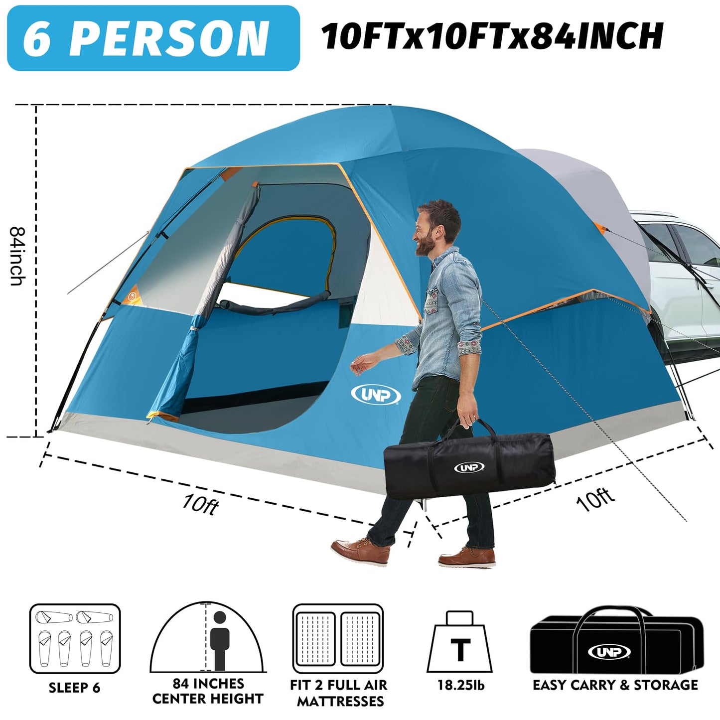 UNP SUV Dome Tent for Camping, Outdoor 6 Person Car Camping Tent, Easy Set Up SUV Tailgate Tent with Rainfly 10' x 10' Vehicle Camping Tent