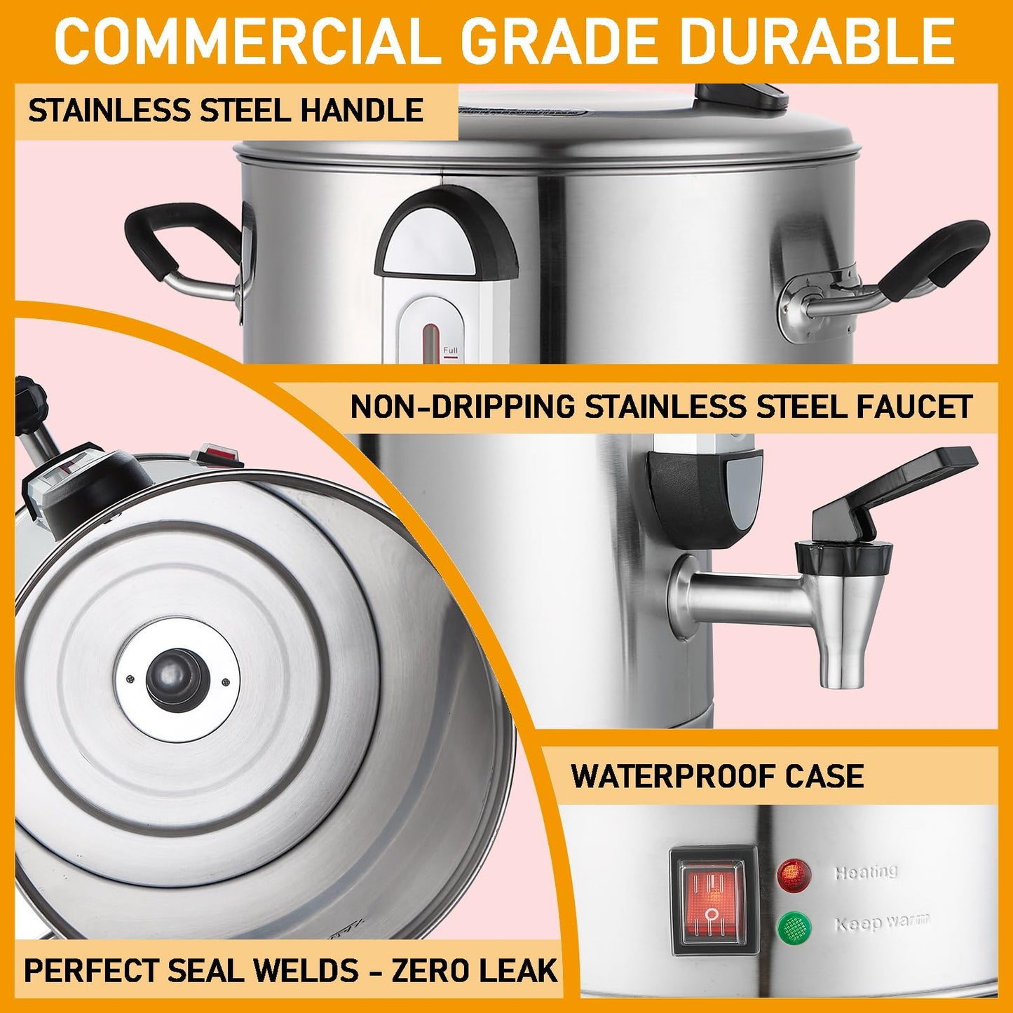 Fattong's Lab Commercial Coffee Urn, 120 Cup Large Coffee Maker for Catering & Events, 20L Stainless Steel Percolator, 1300W Fast Brew Hot Water Dispenser with Double Wall Insulation, Silver