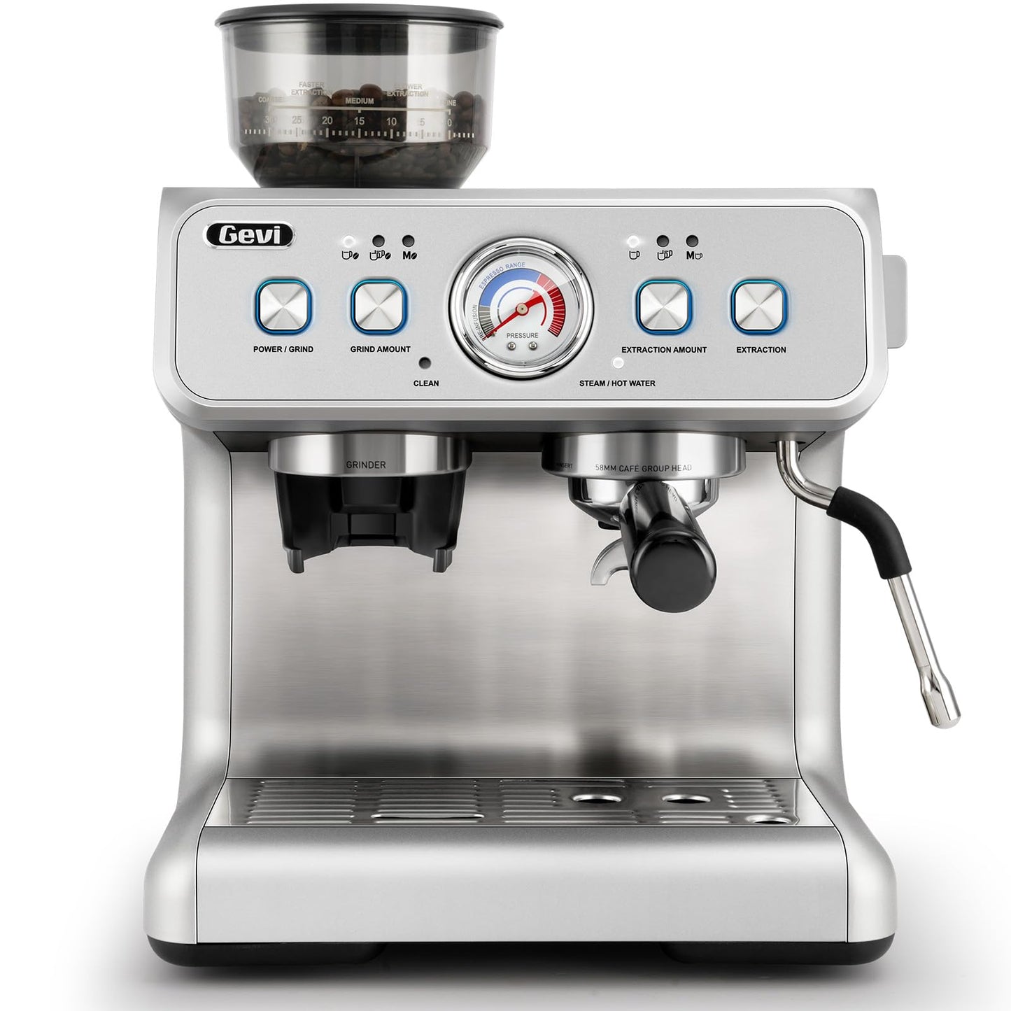 Gevi Dual Boiler Espresso Machine with Built-in Grinder & Barista Steam Wand | 58mm Commercial Portafilter, 31 Grind Settings, Stainless Steel | For Home Barista Use