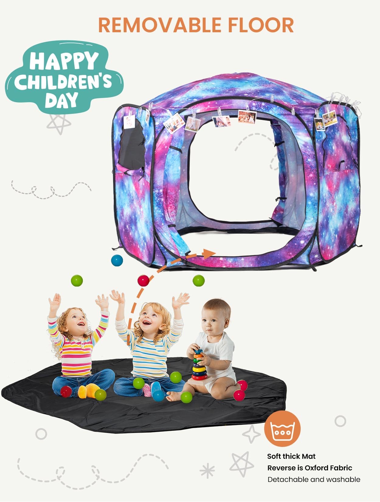 Porayhut Galaxy Pop Up Play Tent for Kids, 67" Hexagonal Privacy Sensory Tent with Removable Thick Mat & LED Photo Clip Lights, Light Blocking Indoor Outdoor Playhouse for Boys & Girls, Space Castle