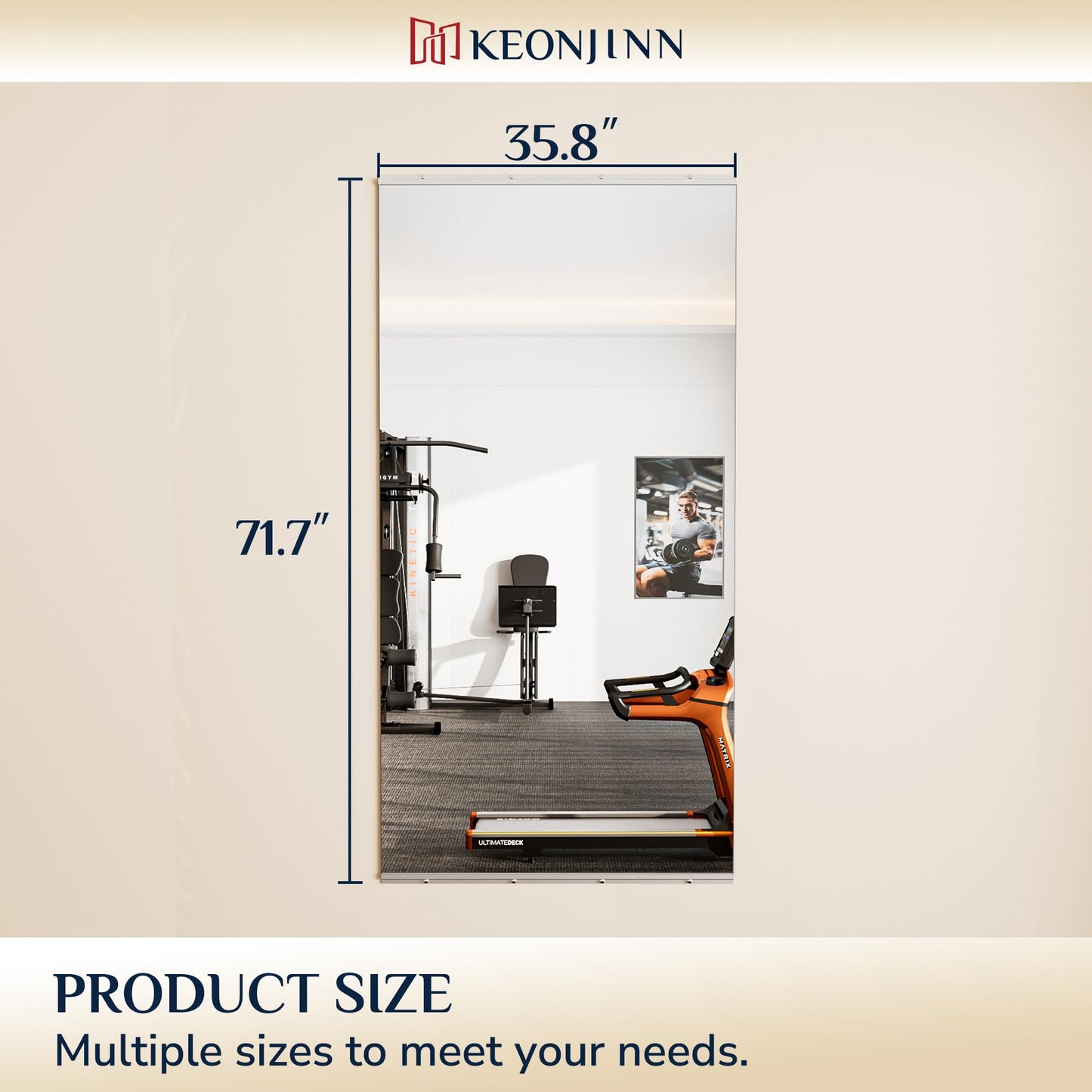 Keonjinn Home Gym Mirror, 72" x 36" Workout Mirrors for Home Gym, Frameless Tempered Glass, Full Body Wall Mirrors for Fitness Exercise, Yoga Room, Dance Studio, Garage