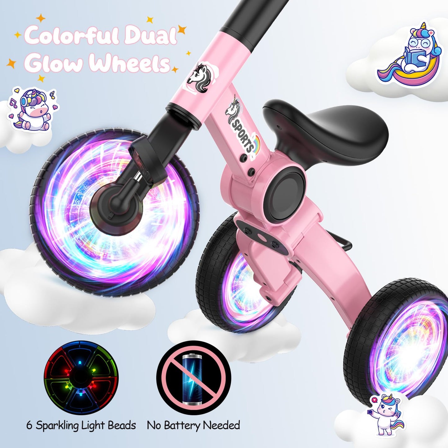 3 in 1 Toddler Balance Bike for 1-4 Year Olds, Colorful Lighting Baby Toddler Tricycle for 1 2 3 4 Year Old with Removable Pedals, Kids Bicycle Toy for Boys Girls Balance Training, Birthday Gift