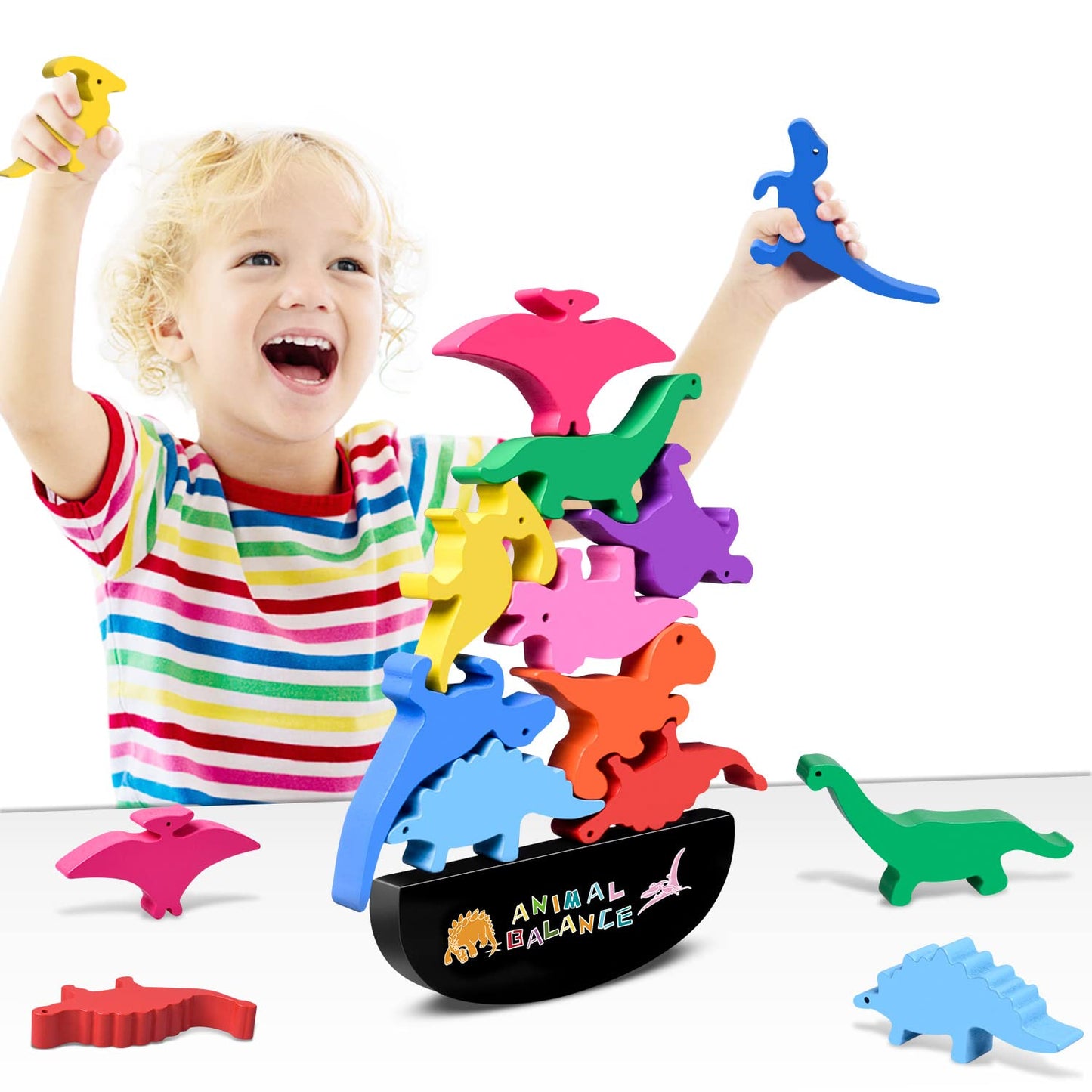 FFTROC Montessori Dinosaur Toys for 2 3 4 Year Old Boys - Wooden Stacking Dinosaur Toys for Kids 2-4 3-5, Toddler Balancing Block Sets