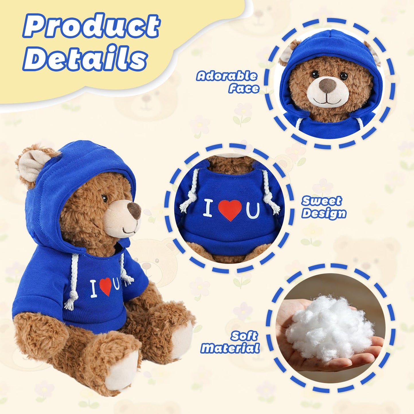 2 Pcs Love Teddy Bears for Women Plush Dolls 8.7 Inch Stuffed Bear Animal Set Gift for Mom Hoodie-Wearing Bear with I Love You Valentine’s Cozy Bear for Girlfriend Girls Kids Baby Gift (Pink + Blue)