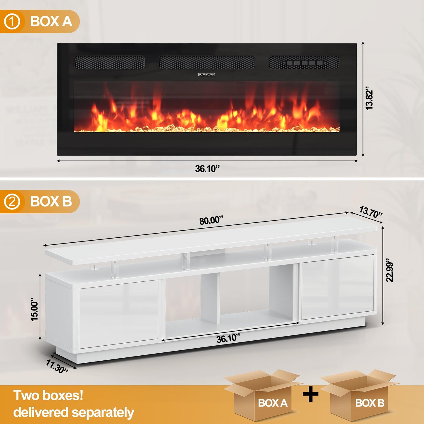 OneBlis 80" Fireplace TV Stand with Double LED Lights for TVs UP to 80", Electric Fireplace Entertainment Center with Storage Cabinets, TV Console for Living Room, Office, White