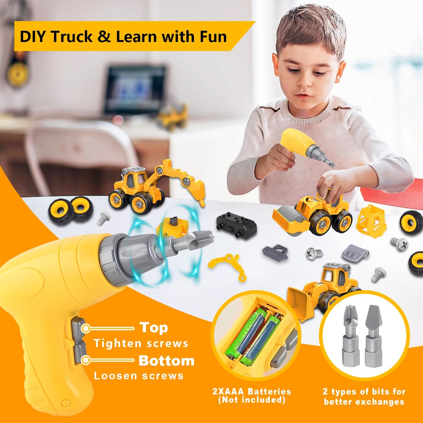 Trovogil Take Apart Construction Truck Excavator Toys for Kids Ages 3-8, STEM Learning Building Toys with Electric Drill & Puzzle Play, Educational Engineering Birthday for Boys Kids Toddlers