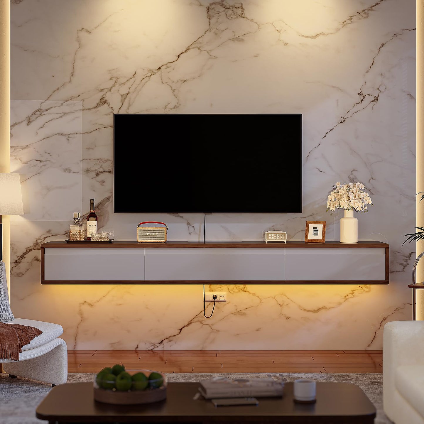FurniNova Fully Assembled Floating TV Stand,High Gloss Wall Mount TV Console with 3 Doors, Under TV Shelf Entertainment Center for Living Room Bedroom,Walnut+White 47IN