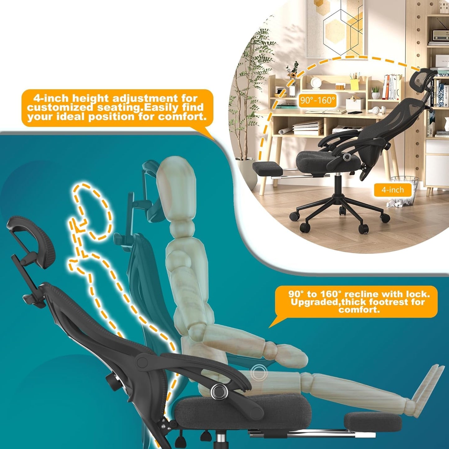 Ergonomic Office Chair with Footrest - Adjustable Lumbar Support & Headrest, 90-160° Reclining Mesh Back Computer Chair - Home Office/Gaming, 350lbs Capacity (SGS Certified)