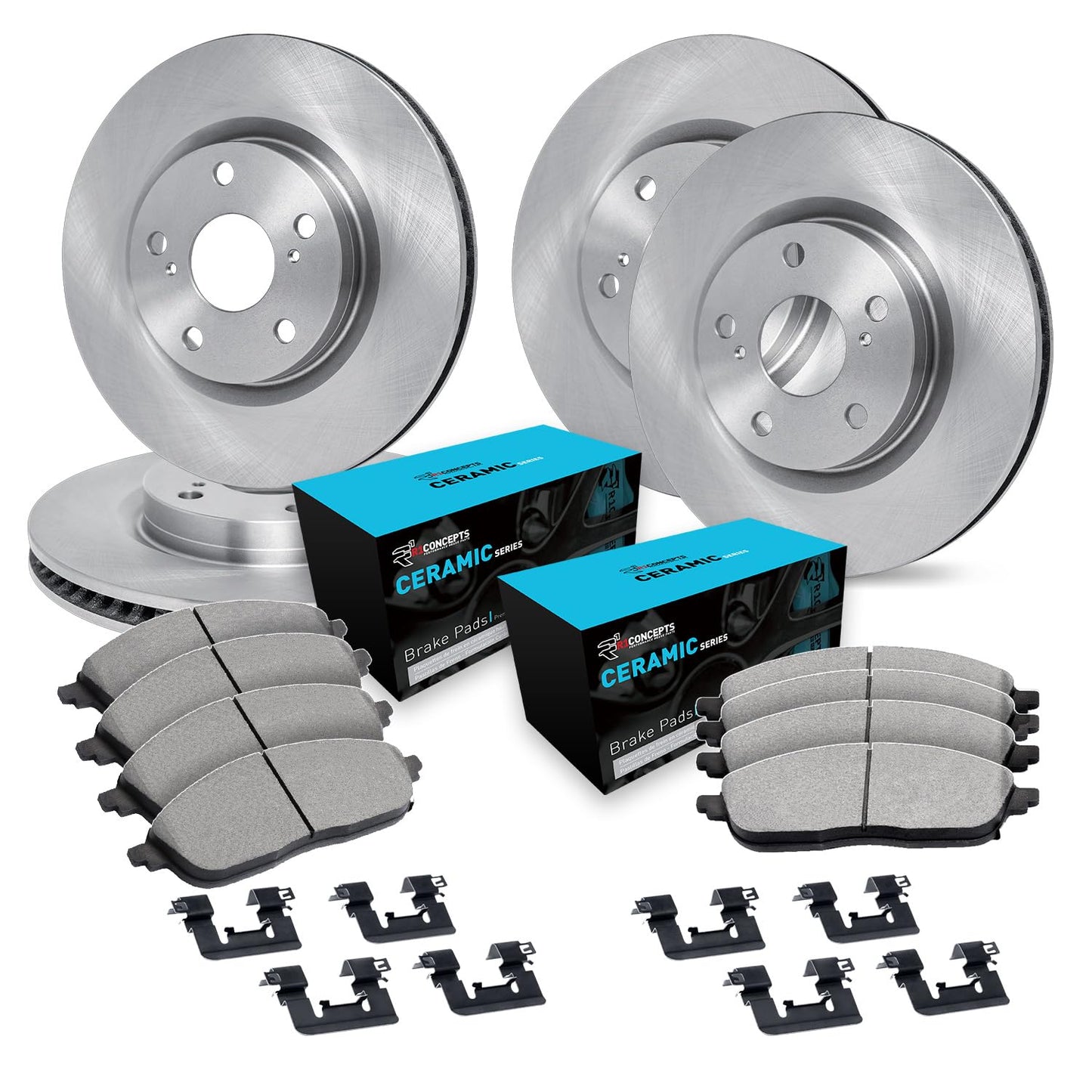 R1 Concepts Front and Rear Brake Kit For 2017-2019 Nissan Qashqai; 2014-2022 Nissan Rogue S, SL, SV, Sport S, Sport SV 4-Door| Blank Brake Rotors and Ceramic Brake Pads| Hardware included