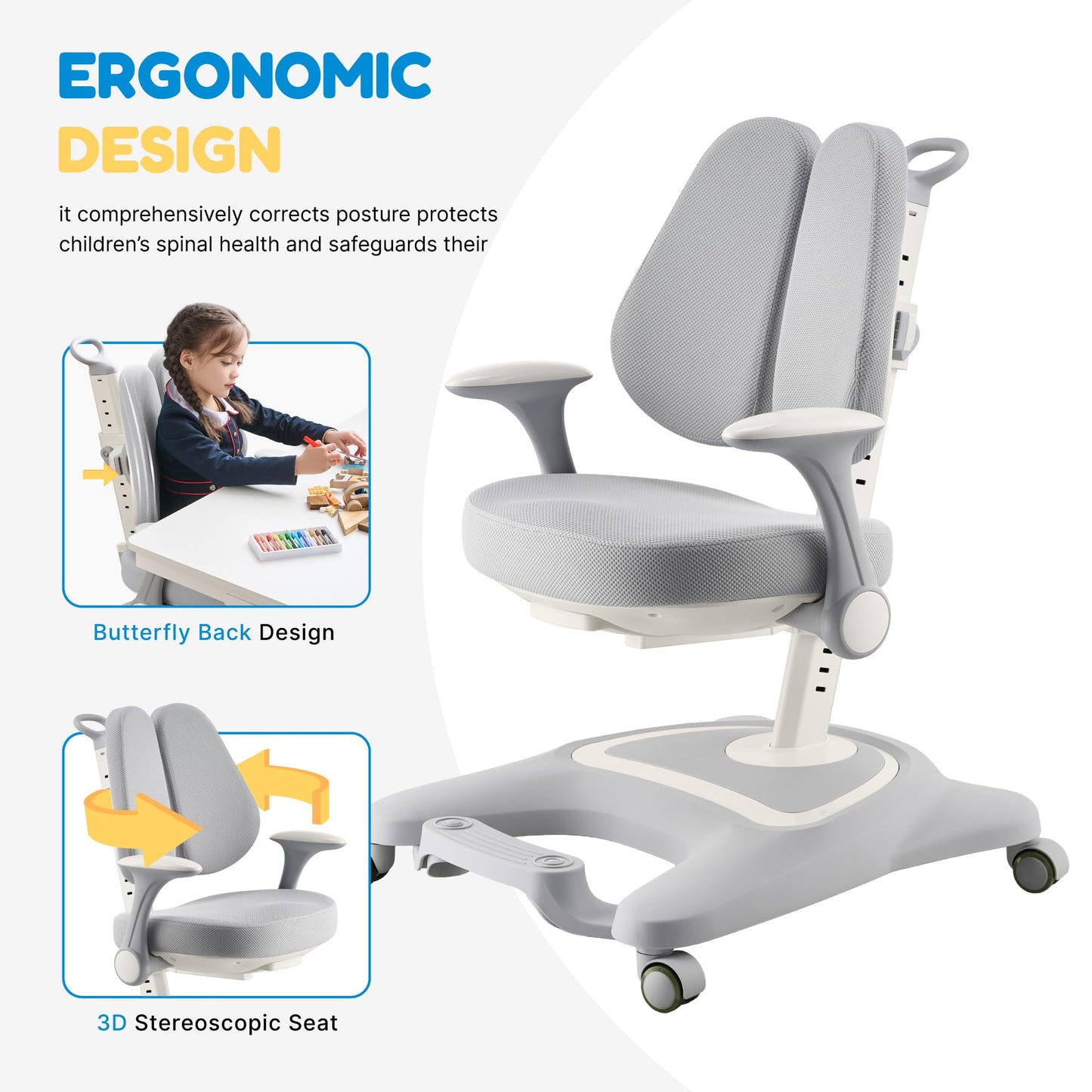 ERIYA Kids Desk Chair,Ergonomic Chair: Height-Adjustable, Double Back Support – Multifunctional for Study/Work/Dining | Ideal for Kids, Petite Adults – Ultra-Comfy (Bedrooms, Schools, Offices)(Grey)