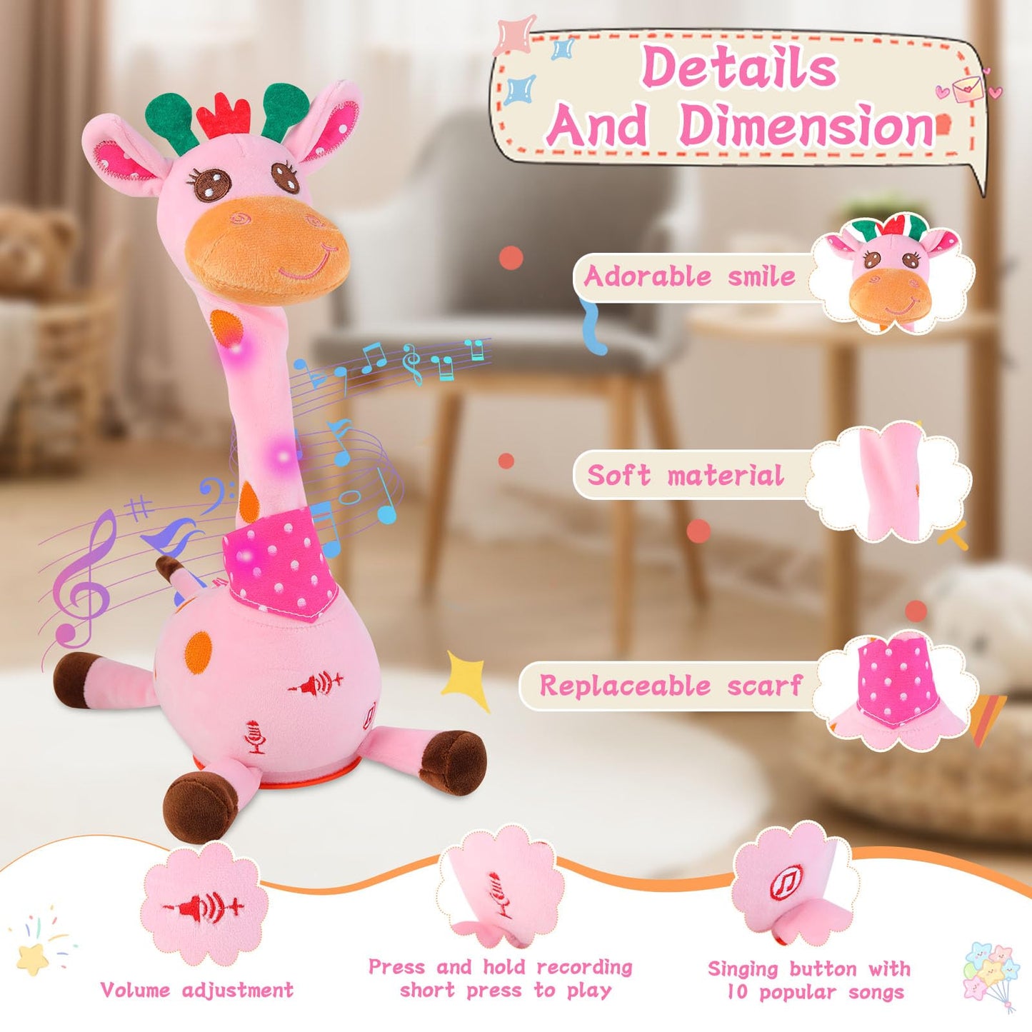 LLUKEME Dancing Giraffe Toy Stuffed Animal Baby Toys Singing Song Toddlers Toy Repeats What You Say Glowing Musical Toy for Baby Birthday Gift Groovy Giraffe Toy (Pink Giraffe)