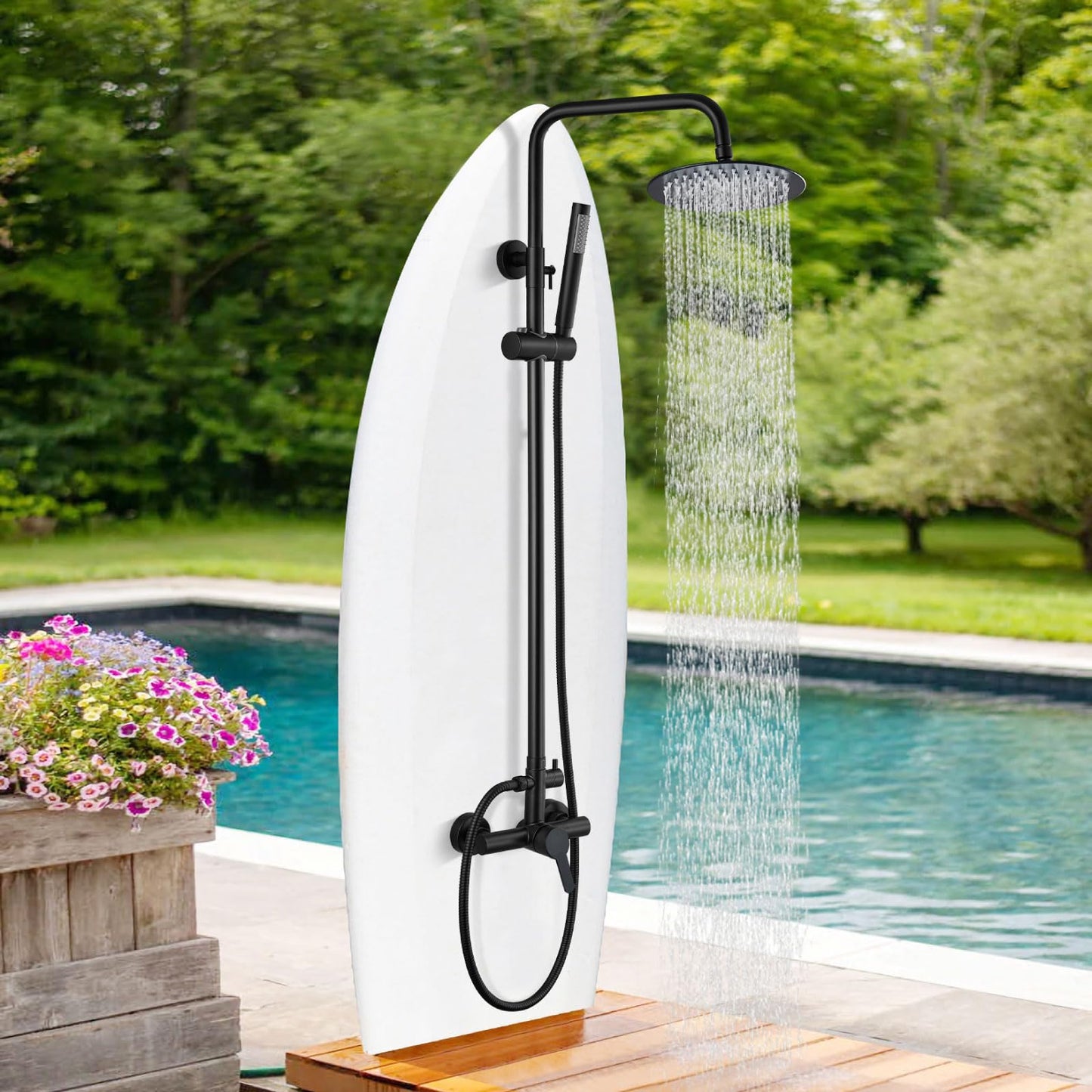 gotonovo Outdoor Shower Fixtures SUS304 Stainless Steel Rain Shower Kit Faucet High Pressure Wall Mount 2 Dual Function 8 Inch Showerhead and Handheld Spray Combo, Single Handle, Matte Black