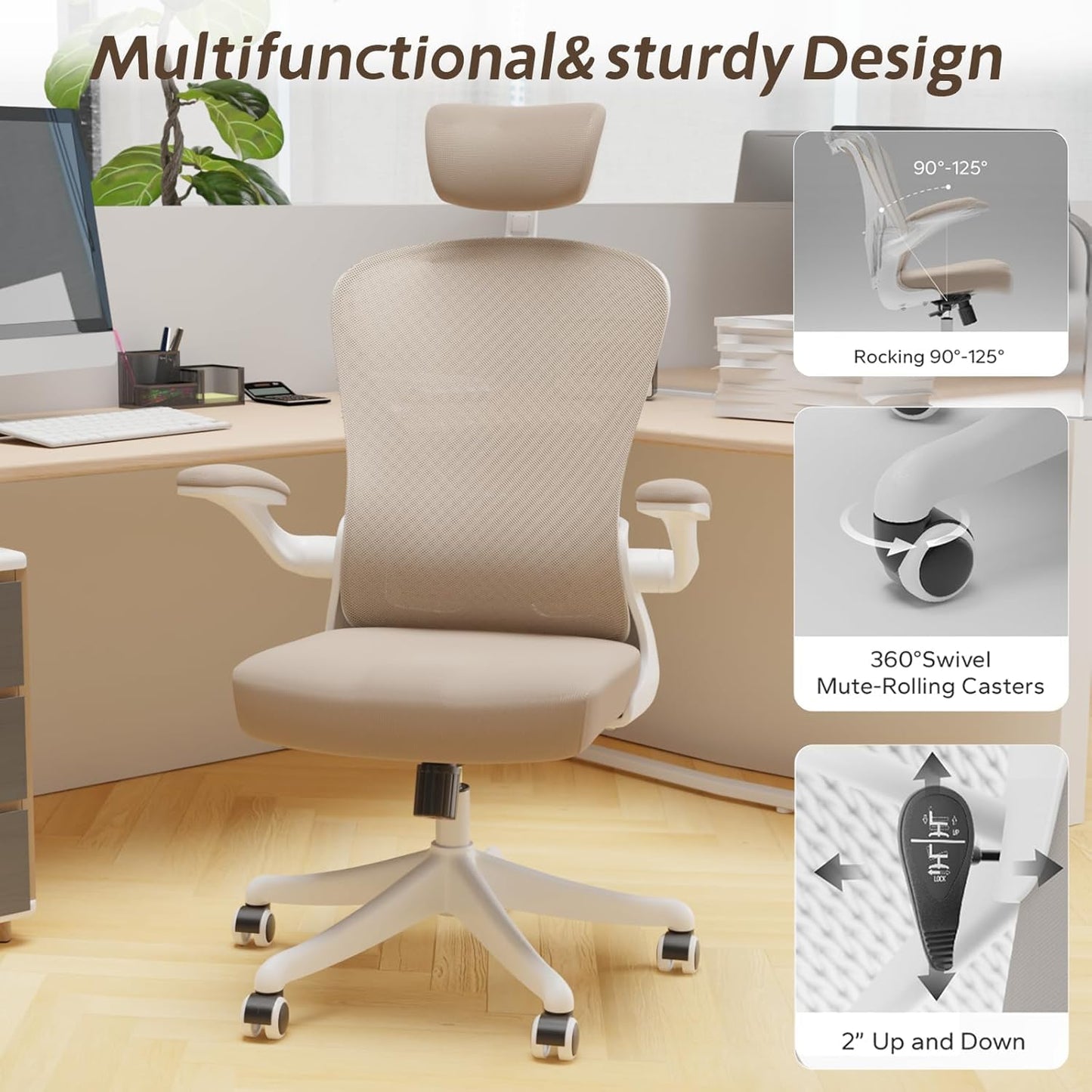 SICHY AGE Ergonomic Office Chair with Adjustable Lumbar Support & Flip-Up Armrests - High Back Computer Desk Chair with Thickened Seat Cushion, Rolling Wheels for Home/Office Study Work