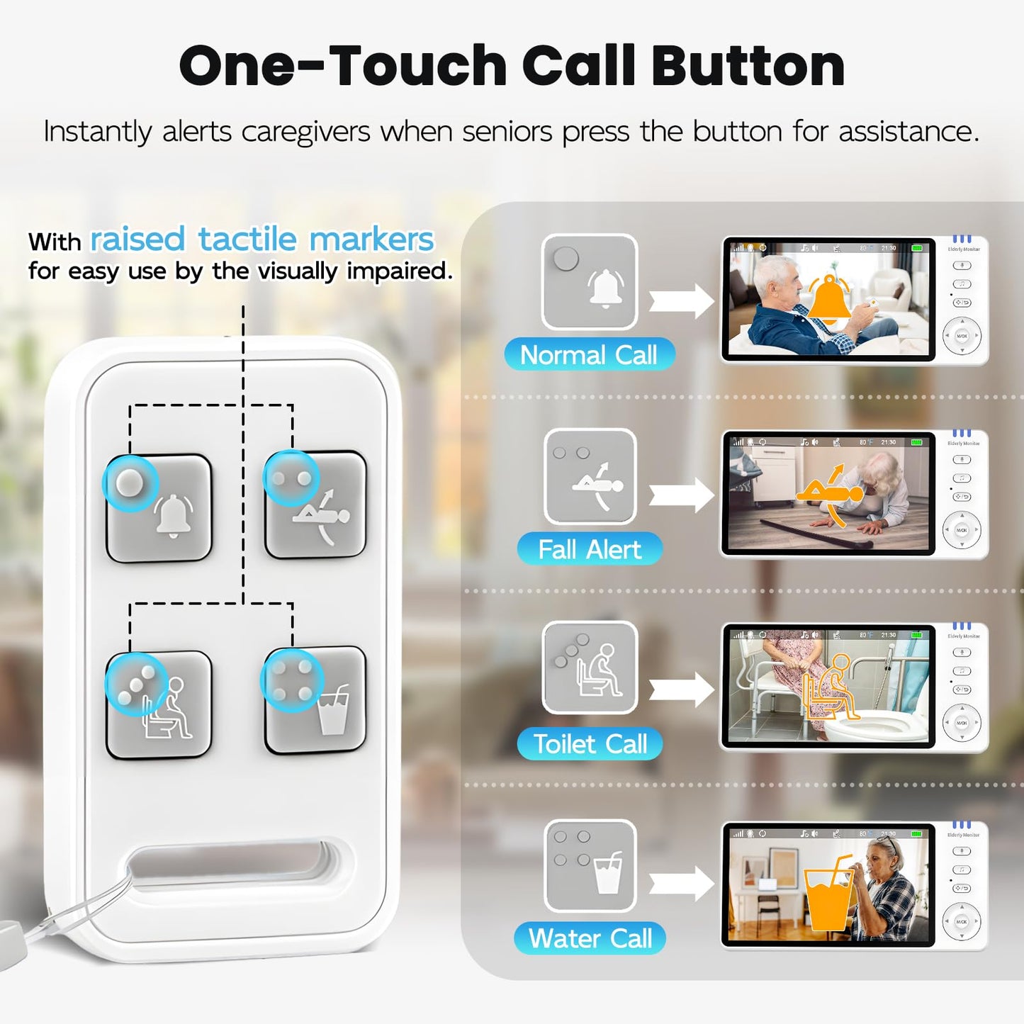 Elderly Monitor with Camera and Audio & Call Button, 2-Way Talk Room Monitors for Elderly, Med Reminder Temp Alert Baby Monitors for Elderly Care & Caregivers, PTZ Camera for Senior Monitoring/No WiFi