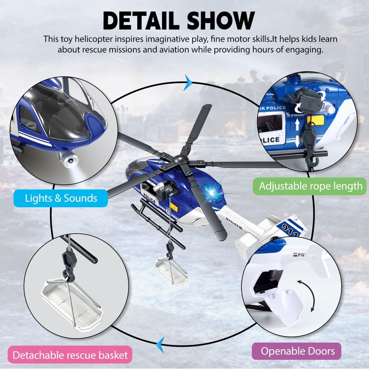 Toddler Boy Toys for 3 4 5 6 Year Old, big Helicopter Toy with Spinning Propellers, Hanging Basket, Lights & Sounds,Police Toys,Birthday Gifts for Kids Child 2 3 4 5 6 Years Old (Police helicopter)