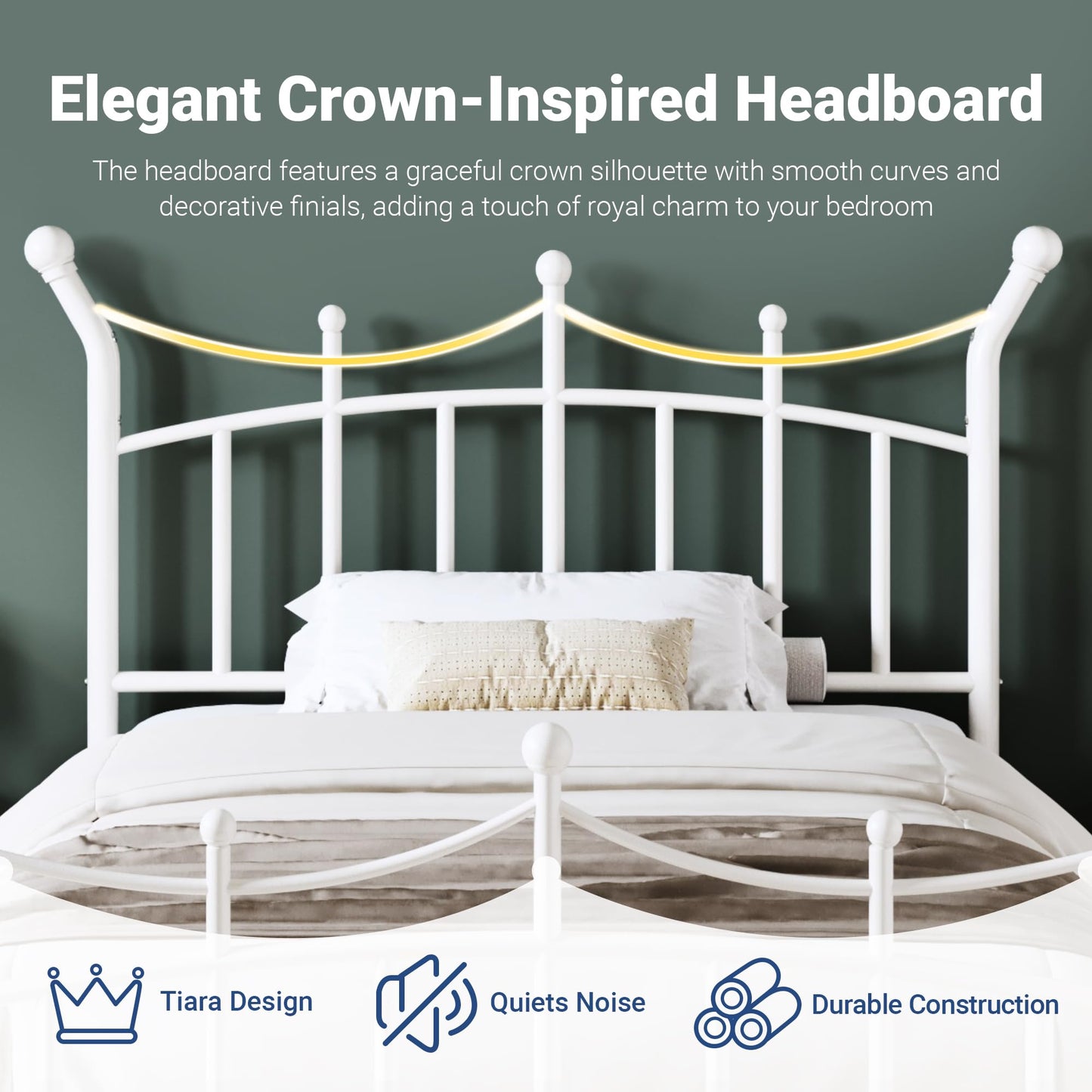 Allewie 14 Inches Twin Size Metal Platform Bed Frame with Elegant Crown Iron-Art Headboard & Footboard, Sturdy Mattress Foundation with Under-Bed Storage, Easy Assembly, No Box Spring Needed, White