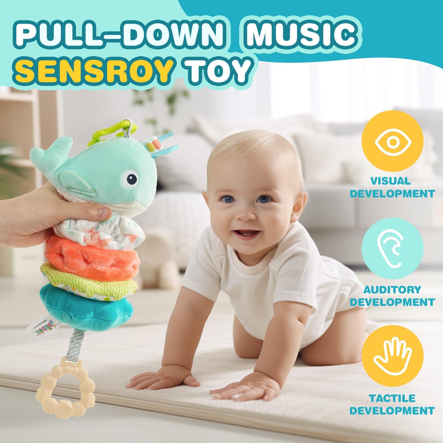 Jollybaby Baby Musical Pull String Hanging Toy for Stroller Car Seat Crib Play Gym, Plush Stuffed Whale Toy for Carseat with Music Teether Crinkle Paper, Sensory Toy for 0-6-12-18 Months Baby Gift