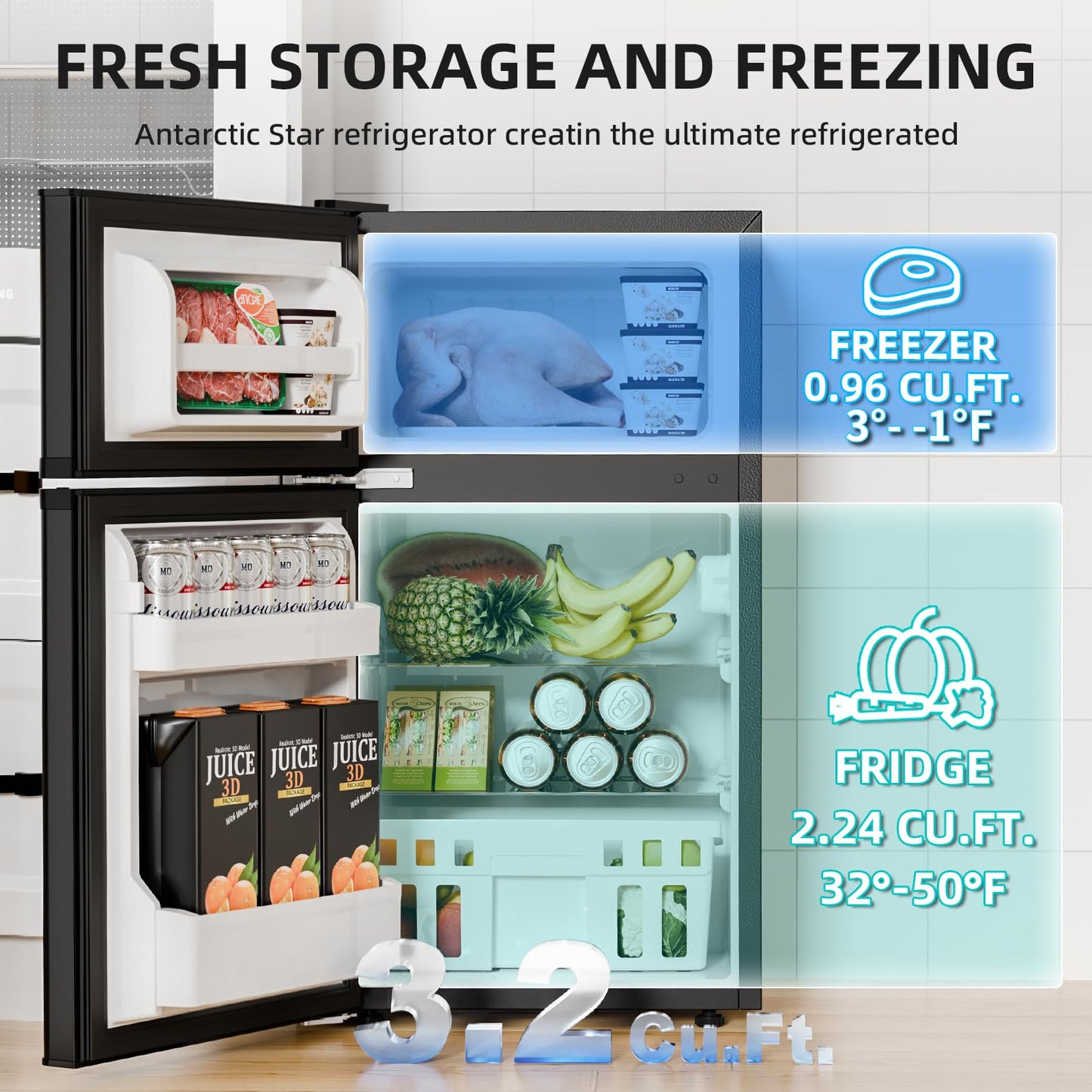 Antarctic Star Compact Refrigerator with Freezer,2 Door Mini Fridge,Adjustable Shelf,Small Fridge for Bedroom Office Dorm Kitchen,3.2 Cu.Ft.BLACK