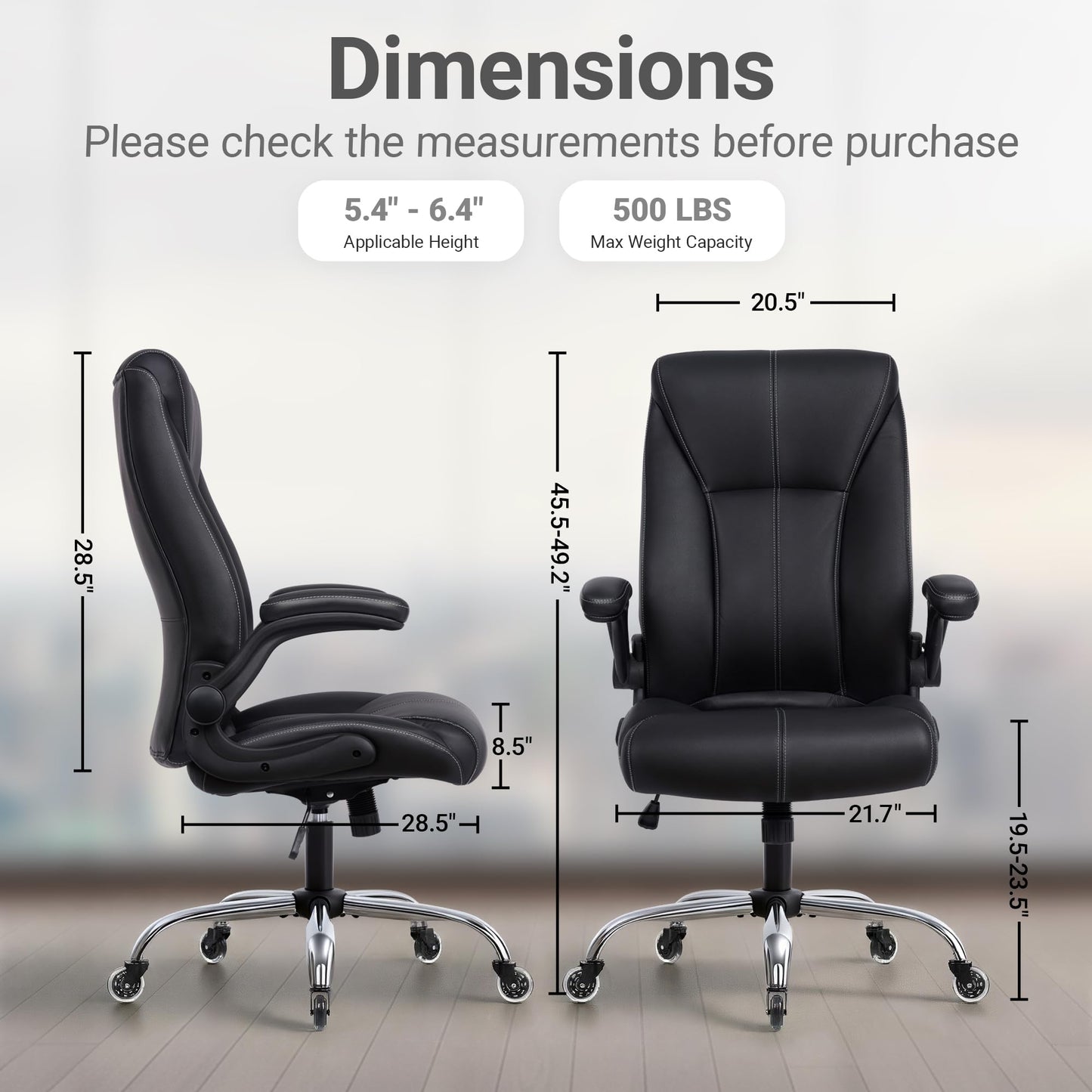 FAMSINGO Big and Tall Office Chair for Heavy People, 500LBS High Back Extra Wide Executive PU Leather Office Chair with Flip-Up Armrests, Quiet Rubber Wheels, Comfortable Home Office Desk Chair