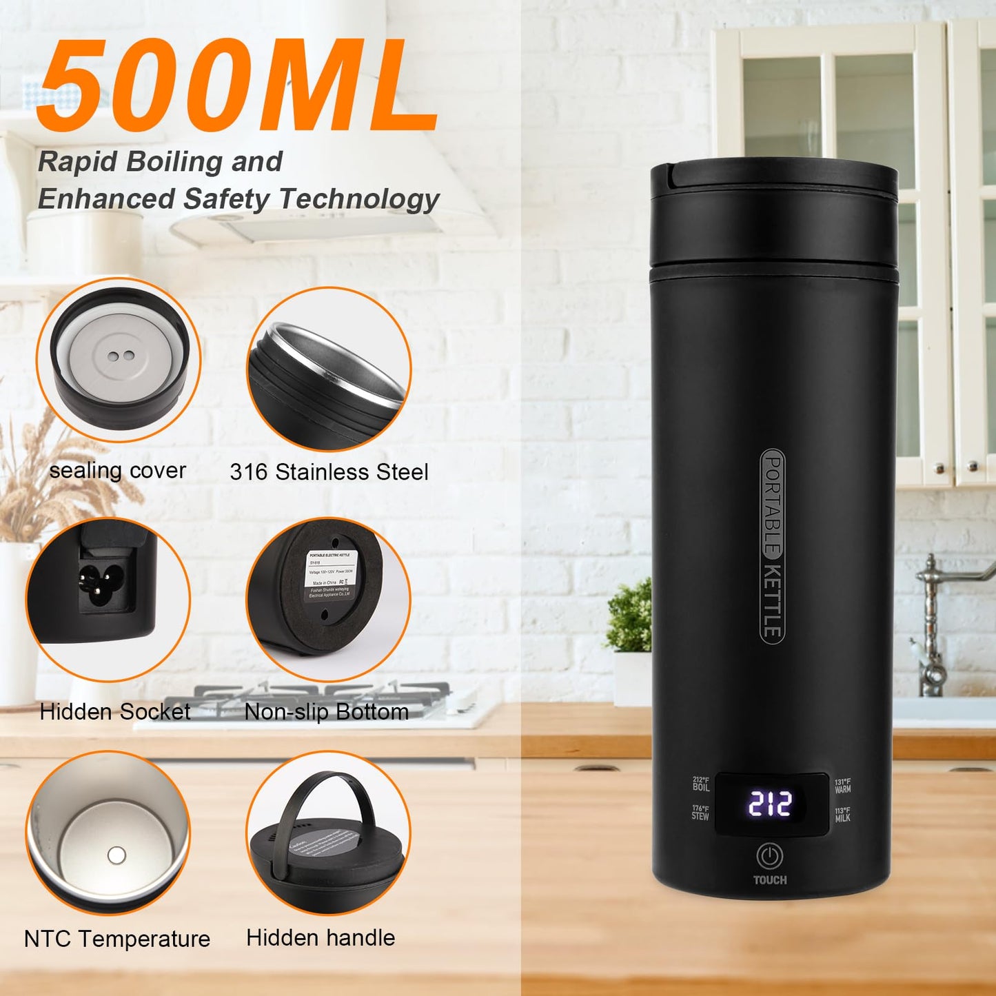 Rzlinn Portable Electric Kettle （110V）, Travel Tea Kettle, 316 Stainless Steel Premium Liner, 4-speed Temperature Adjustment with Auto Shut-off and Boil-Off Protection black