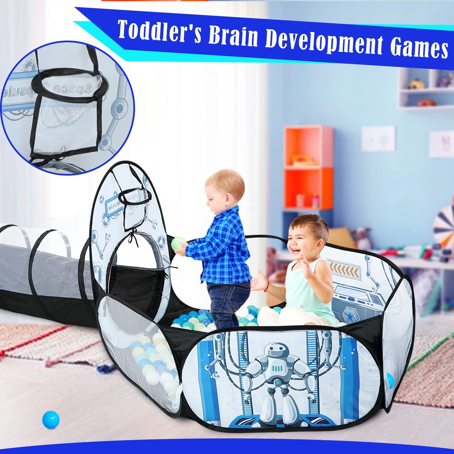 Kids Ball Pit for Play Tent: 3PC Rocket Ship Baby Gifts, Spaceship Tents and Crawl Tunnel for Toddlers, Astronaut Pop Up Playhouse Toys for Indoor Outdoor Games (White)