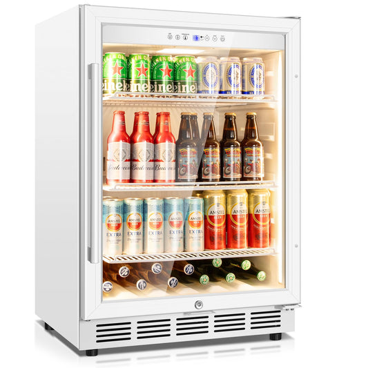 Tylza Beverage Refrigerator 24 Inch, Under Counter/Freestanding Drink Fridge, 190 Cans Beverage Cooler with Glass Door, Reversible Door, Low Noise, Quick Cooling - for Beer, Soda, ETC, White