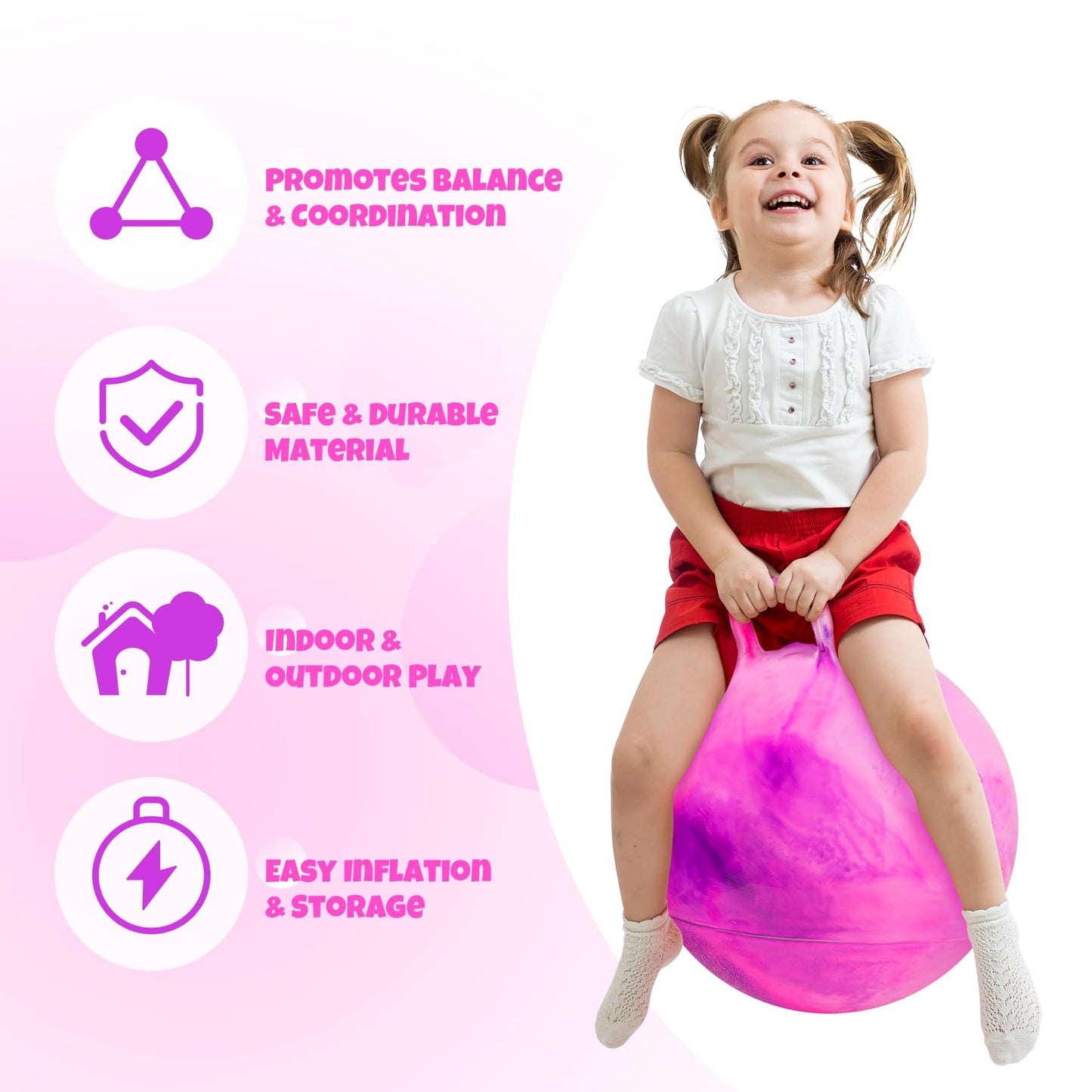 Upper Rider 2 Pcs 18 Inch Hopper Ball for Kids 3-8, Bouncy Balls with Handle for Toddlers, Inflatable Hippity Hop Jumping Balls, Sit On Hopping Toys with Pump for Girls Boys, Blue Pink
