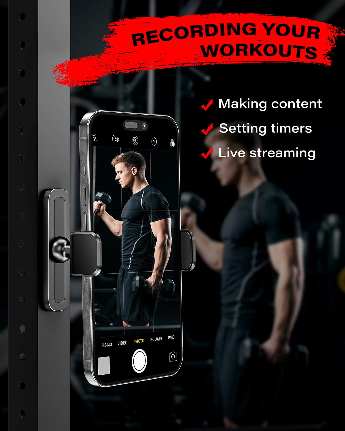 APPS2Car Magnetic Phone Holder for Gym, Alloy Base and Joint for Strong Hold, 360° Adjustable, Compatible with 4.7-6.5 Inch iPhone & Android Phones, Secure Workout Equipment Accessory for Men Women