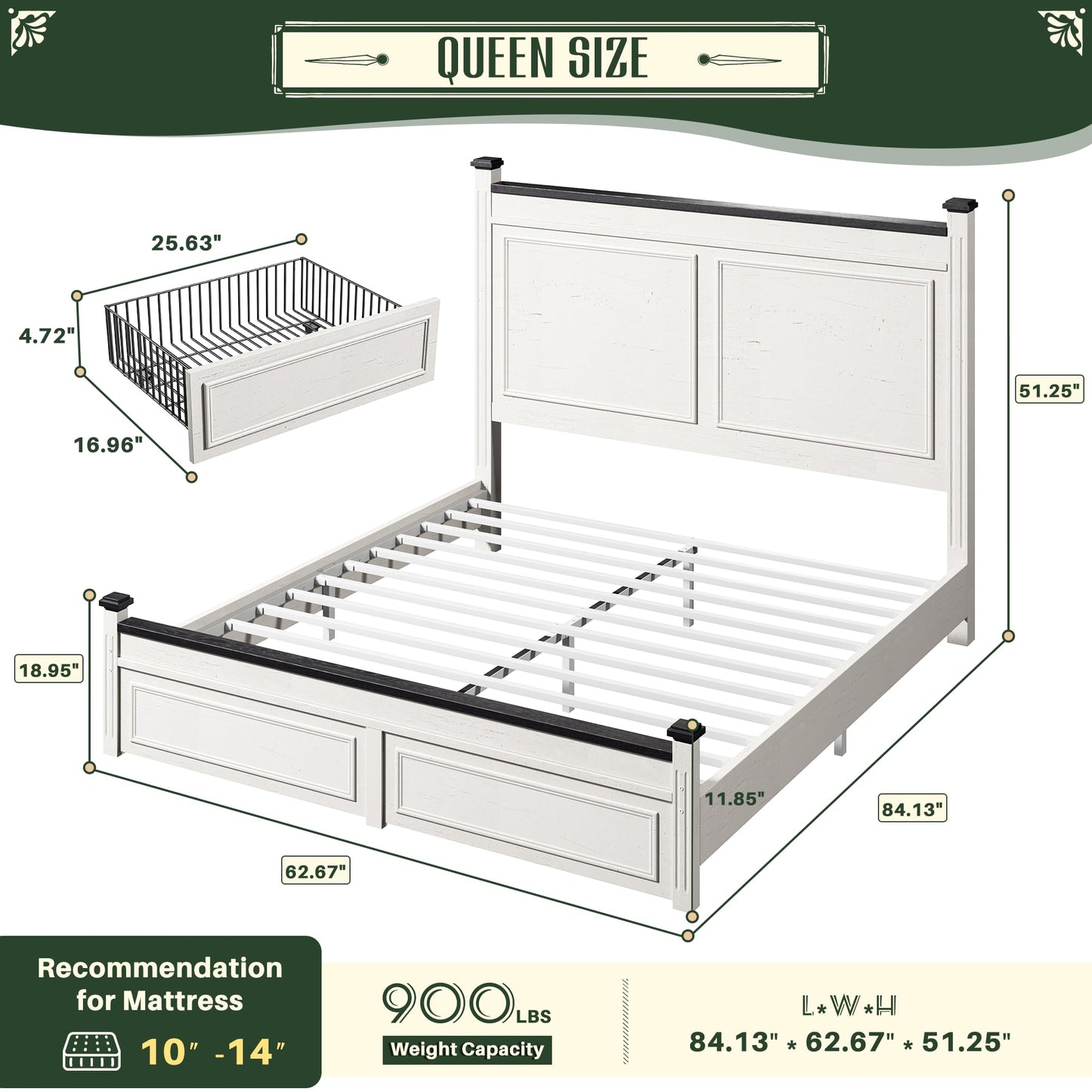 Homkdom Farmhouse Queen Size Bed Frame, 51” Tall Queen Bed Frame with Headboard, Bed Frame with 2 Storage Drawers, No Box Spring Needed, White