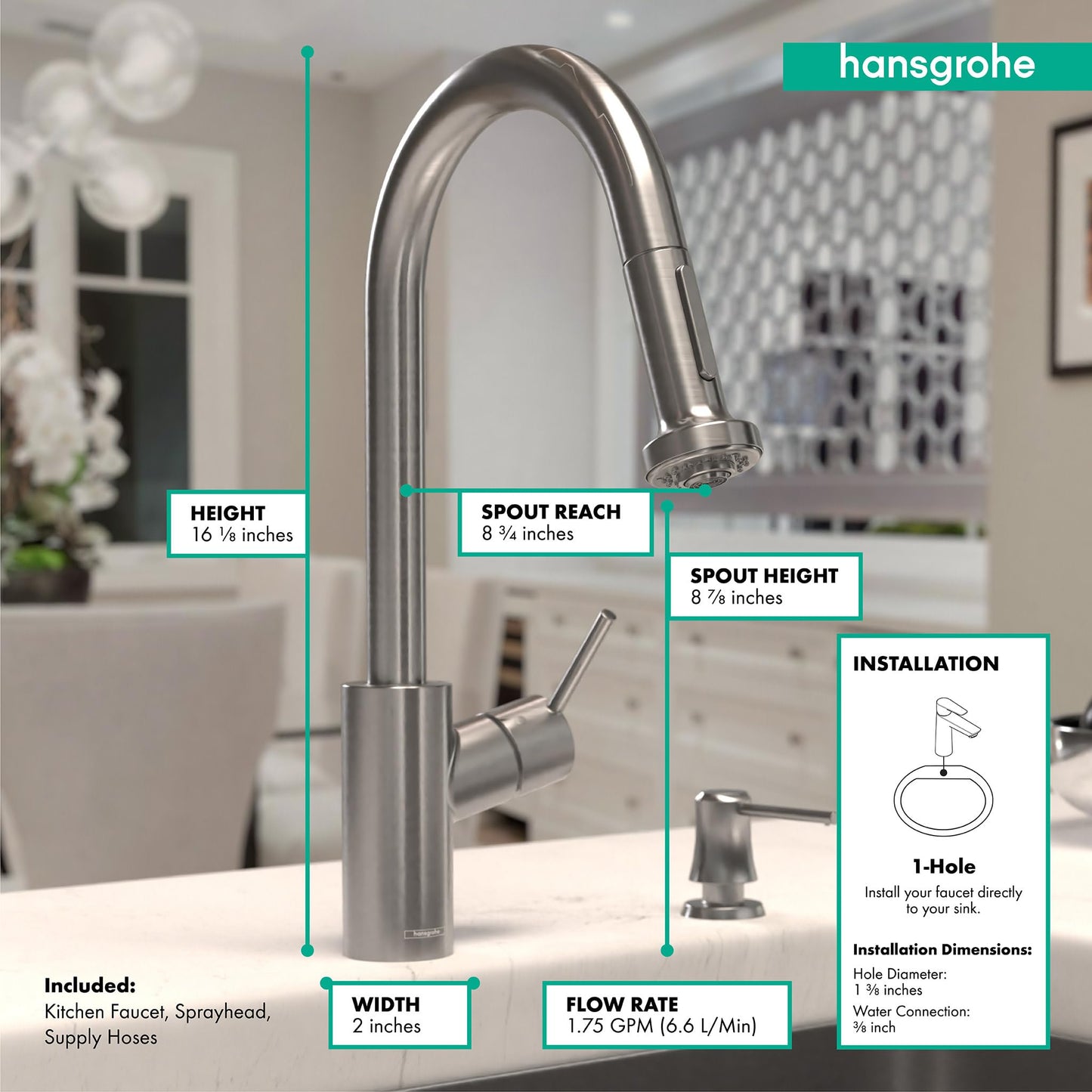 hansgrohe Talis S² Stainless Steel High Arc Kitchen Faucet, Kitchen Faucets with Pull Down Sprayer, Faucet for Kitchen Sink, Magnetic Docking Spray Head, Stainless Steel Optic 14877801