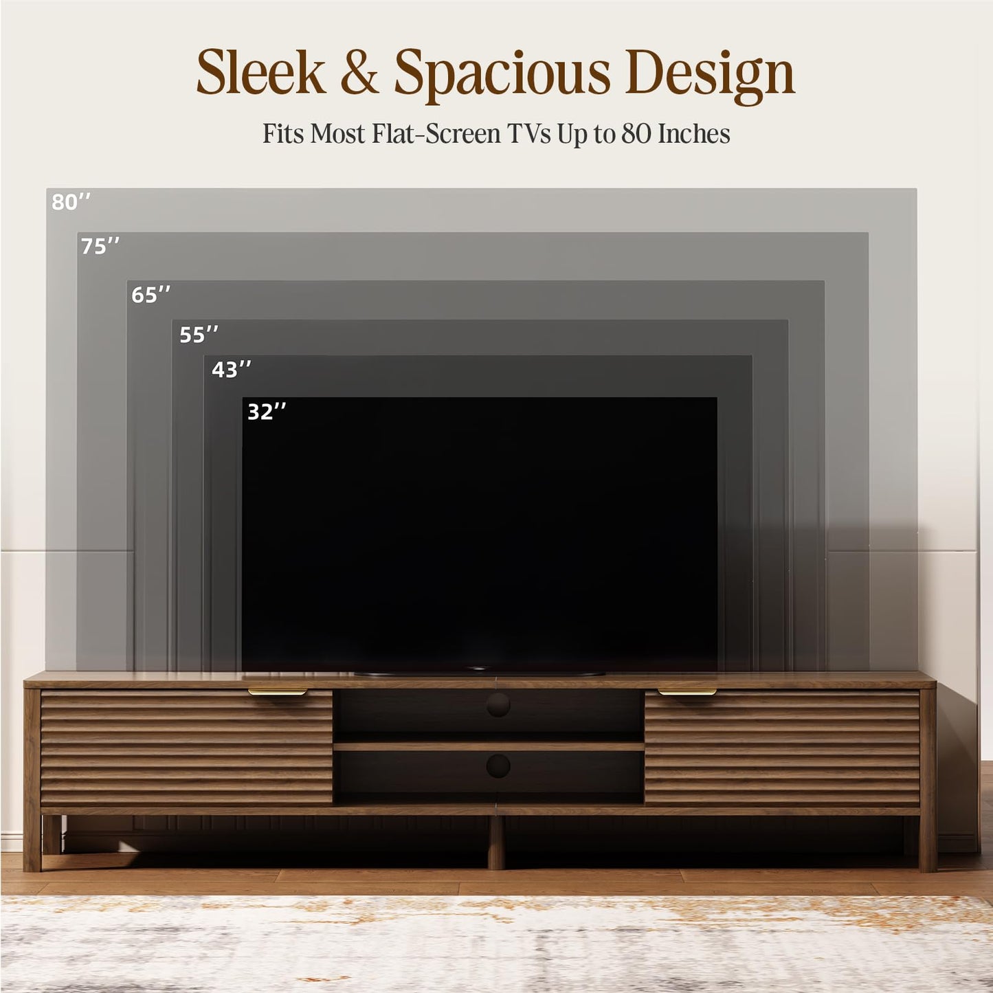IKALIFE TV Stand for Living Room - up to 80 Inch TVs Mid Century Modern Entertainment Center with Storage and Adjustable Shelves, Media Console Table Walnut 71"
