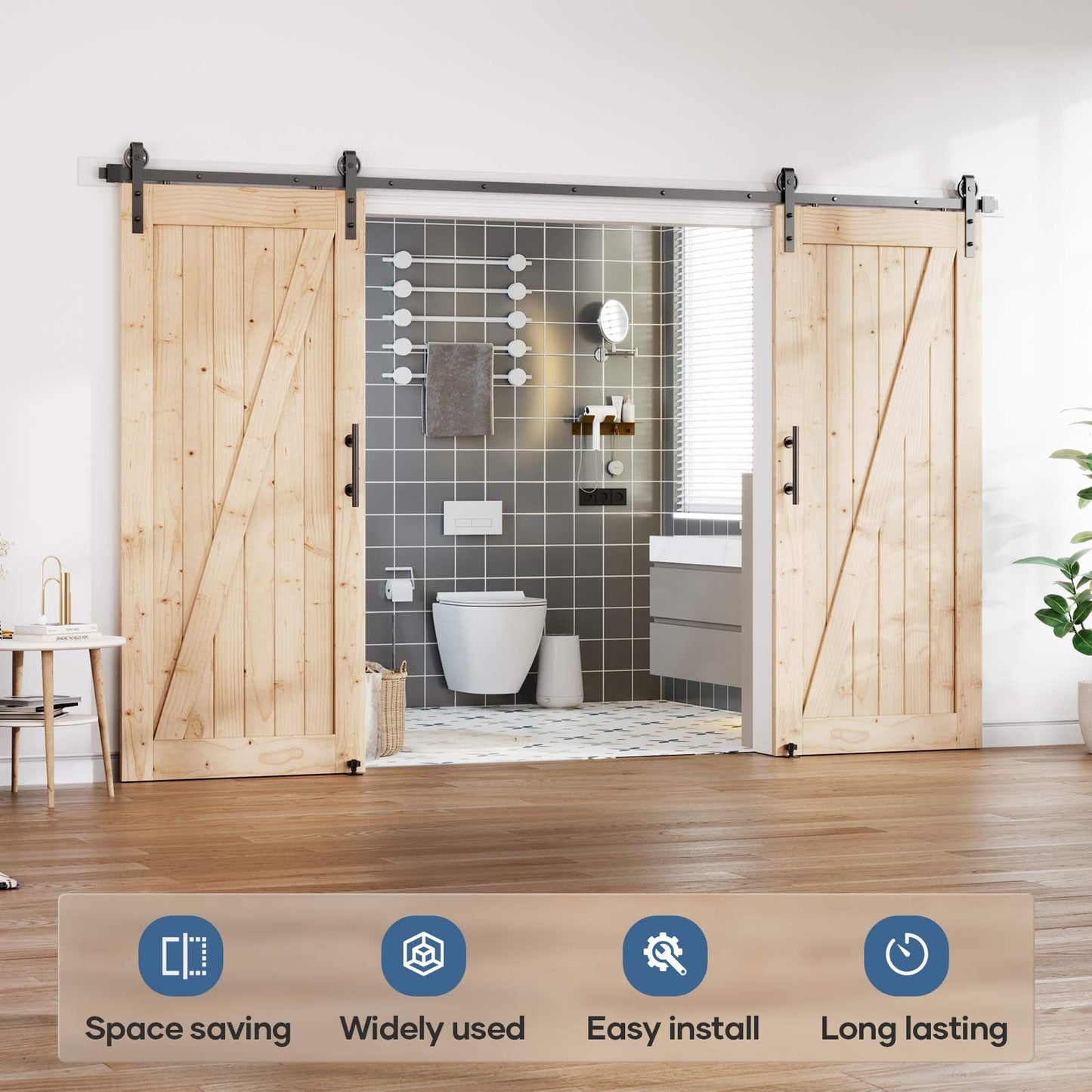 EaseLife 12FT Double Door Sliding Barn Door Hardware Track Kit & Handle,Big Industrial Spoke Wheel,Wall Mount,Slide Smoothly Quietly,Easy Install,Black,144" Track Fit for 68-70" Wide Opening (No Door)