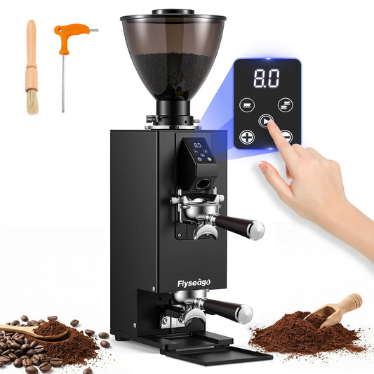 Flyseago Commercial Coffee Grinder with Electric Tamper, 64mm SUS420 Flat Burr, 14 Grind Settings for Café, Bakery