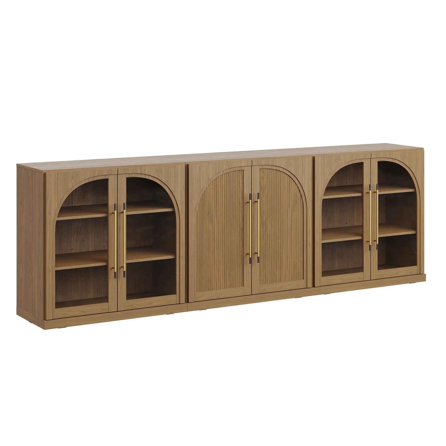 BELLEZE 3-Piece Modular Buffet Cabinet with Storage Freely Configurable, 97'' Modern 2 Arched Glass Door Sideboards and 1 Double-Arc Wood Door Credenza for Dining Room Living Room Entryway - Camel