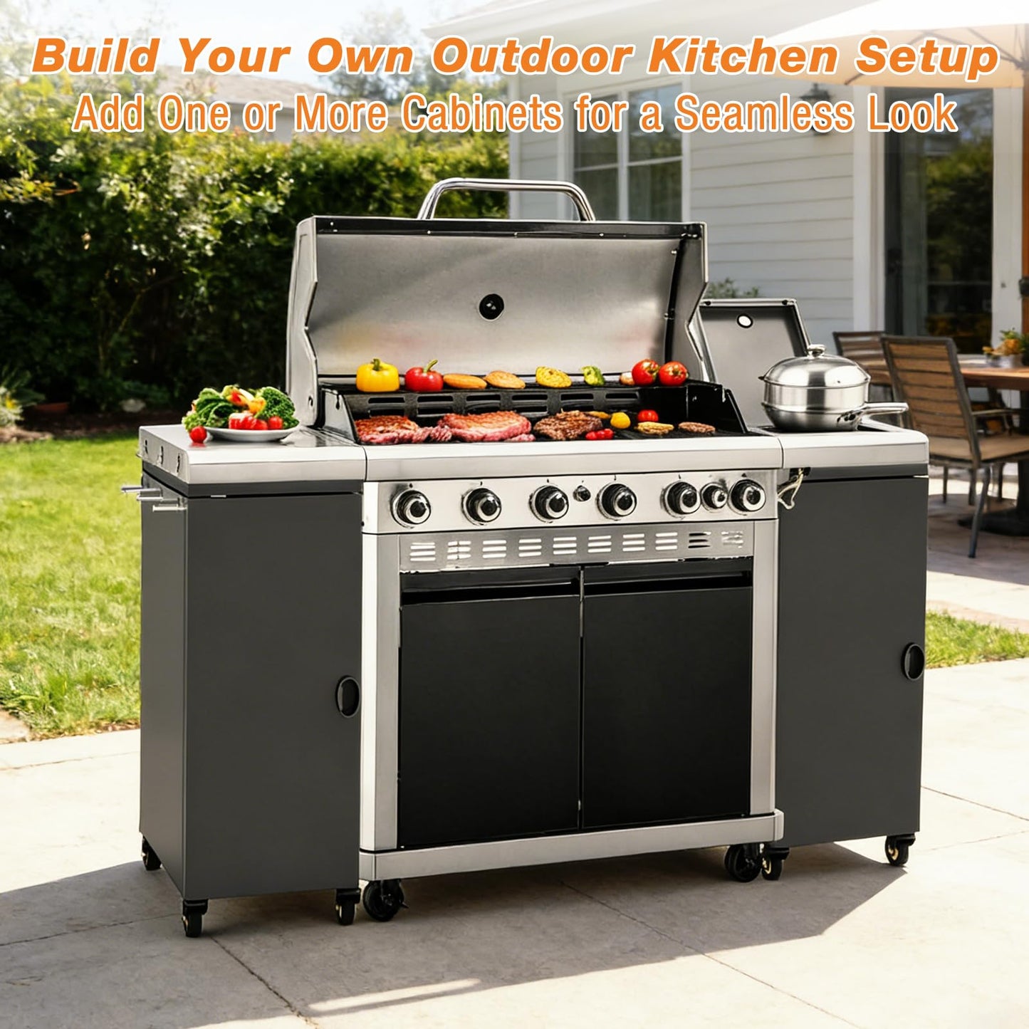 SearCook Outdoor Grill Cart, Height Adjustable Grill Table with Storage Cabinet, Magnetic, Flexible Rolling Wheels, for Weber, Charbroil, Nexgrill, Dynaglo Majority Series Gas Grills Accessory
